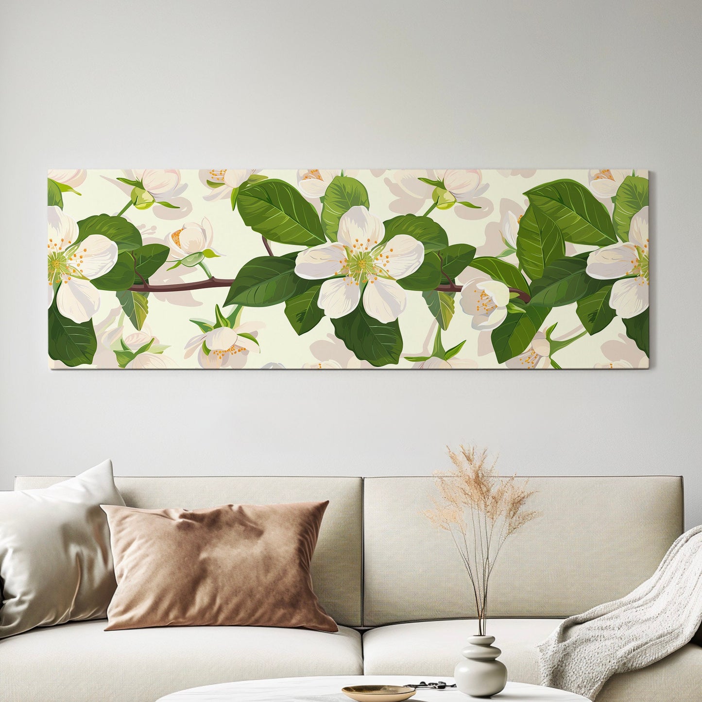 Jasmine Branch Long Horizontal Wall Art Above bed, Panoramic Botanical Artwork Canvas Print, Peaceful Decor Canvas Art