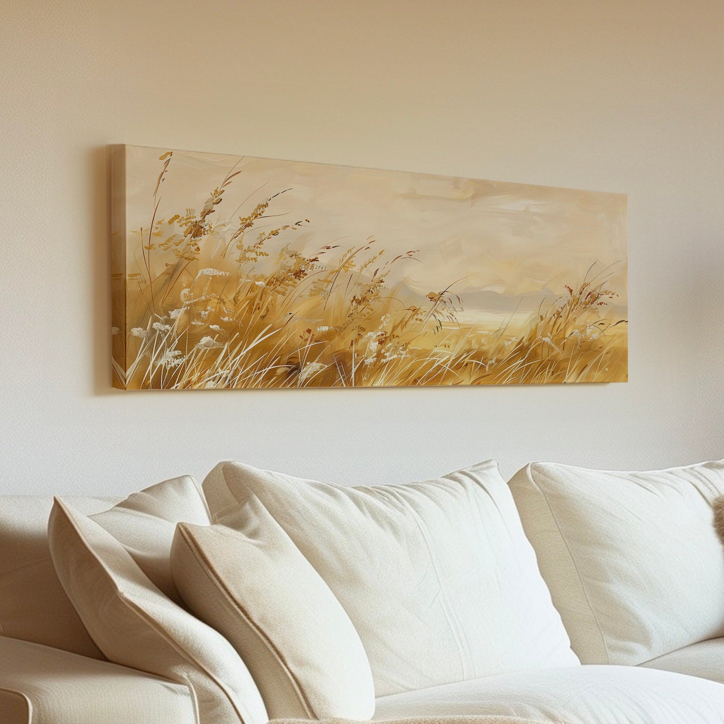 Golden Wildflower Field Long Horizontal Wall Art For Living Room, Panoramic Beautiful Scene Canvas Print, Farmhouse Decor Canvas Art