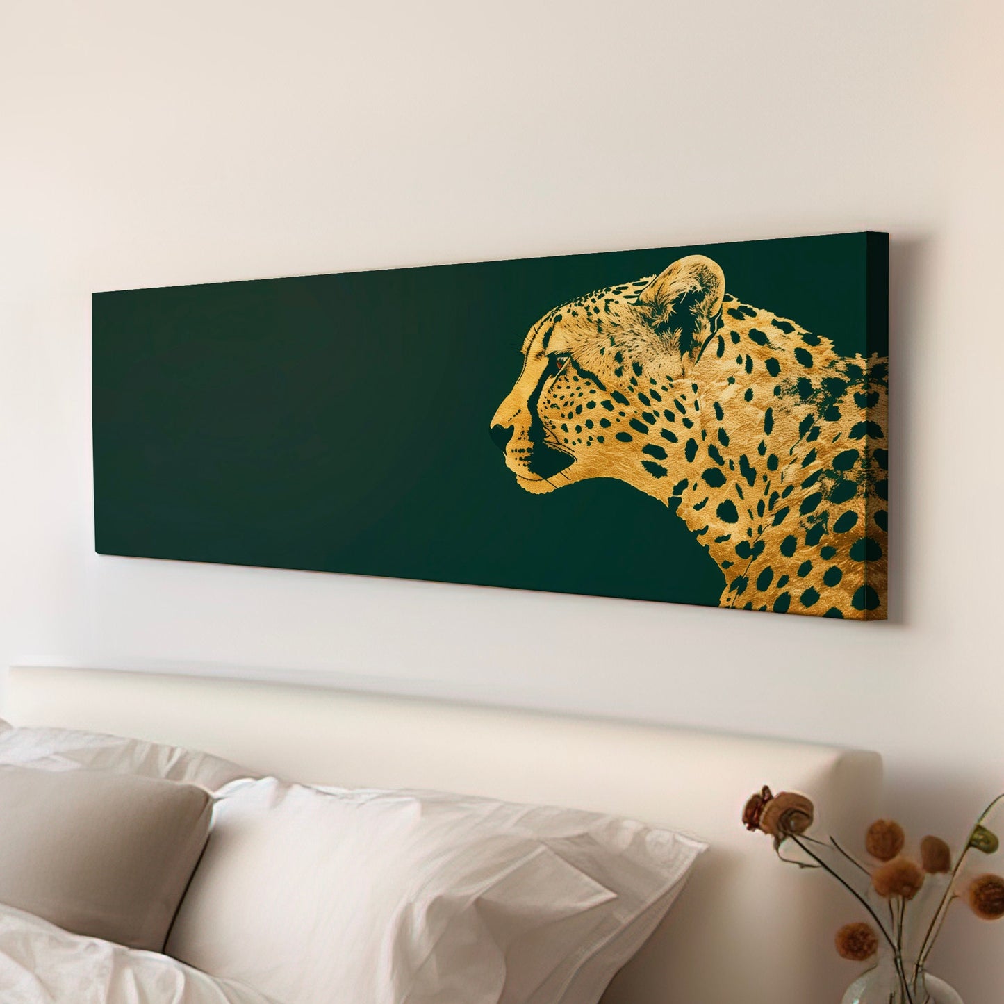 Golden Cheetah Head Long Horizontal Wall Art For Bedroom, Panoramic Green And Gold Canvas Print, Minimalist Decor Canvas Art