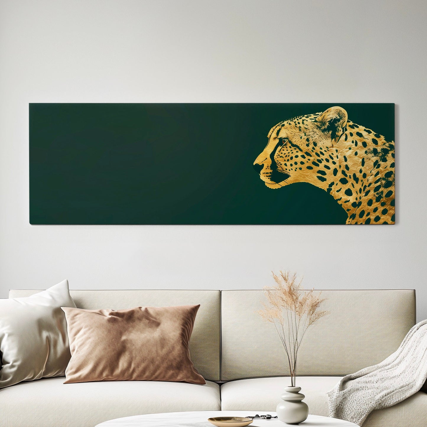 Golden Cheetah Head Long Horizontal Wall Art For Bedroom, Panoramic Green And Gold Canvas Print, Minimalist Decor Canvas Art