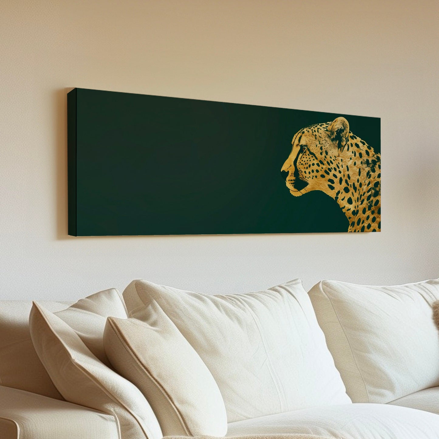 Golden Cheetah Head Long Horizontal Wall Art For Bedroom, Panoramic Green And Gold Canvas Print, Minimalist Decor Canvas Art