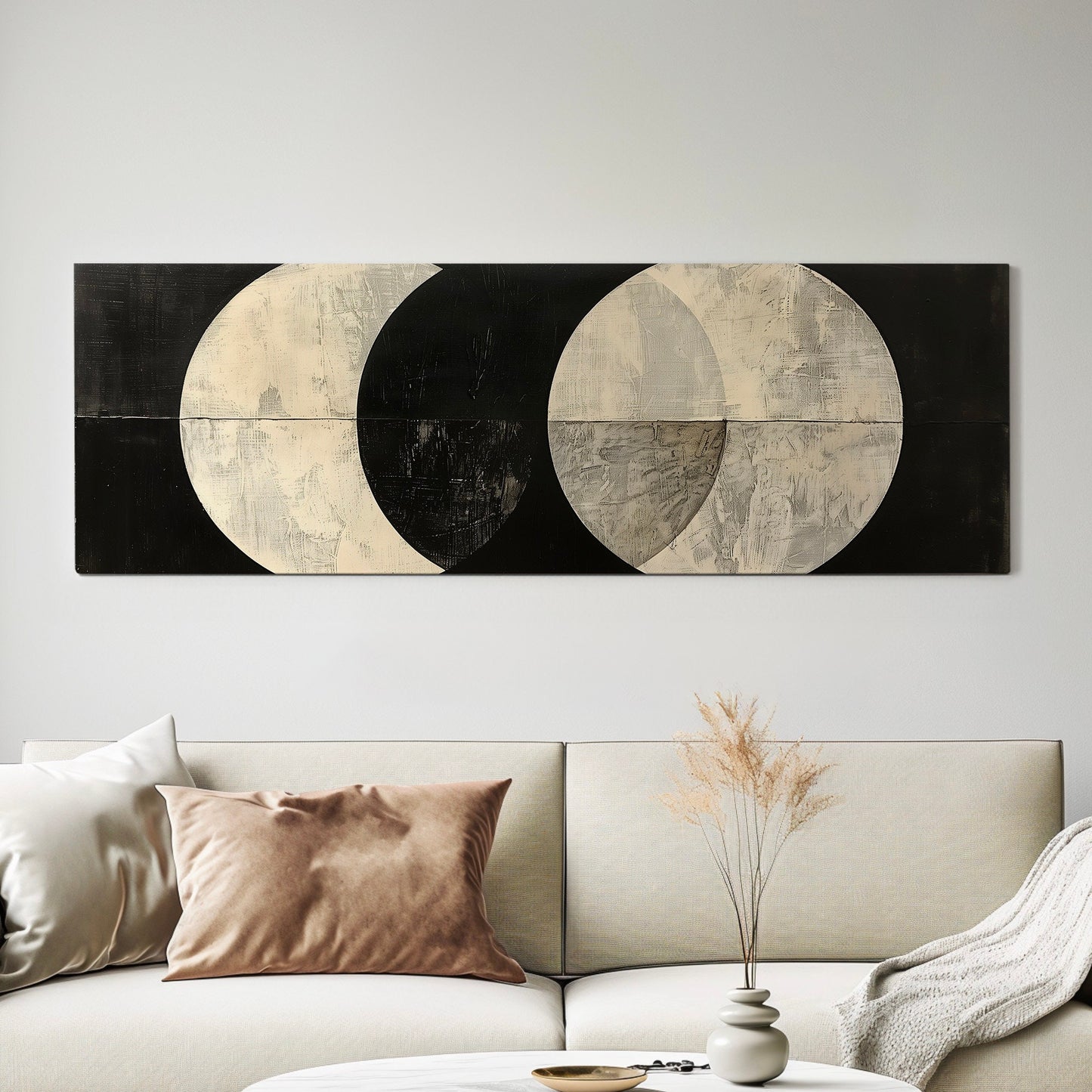 Geometric Planets Long Horizontal Wall Art For Living Room, Panoramic Mid Century Modern Canvas Print, Moon Decor Canvas Art