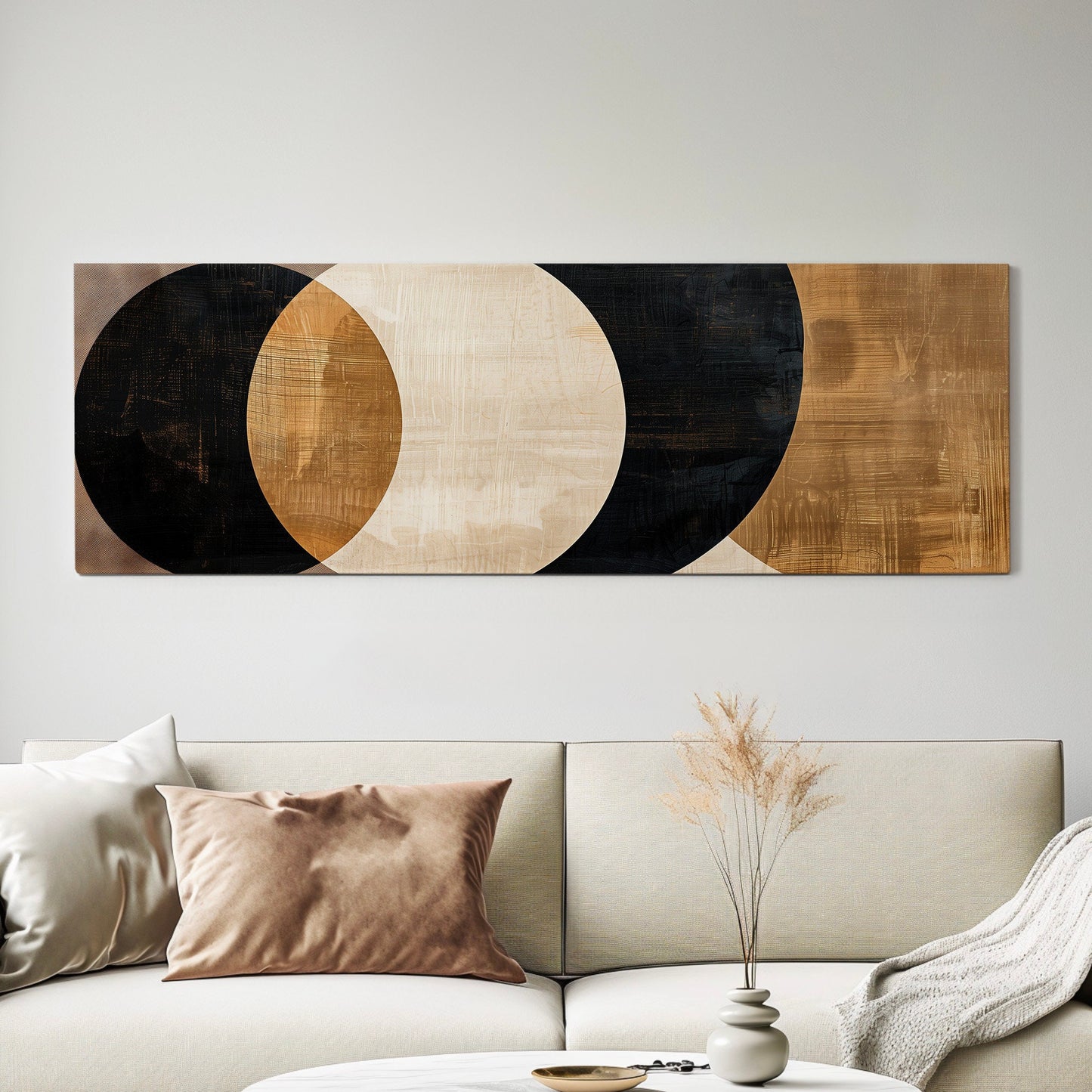Black Brown Abstract Shapes Long Horizontal Wall Art For Living Room, Panoramic Latte Coffee Canvas Print, Barista Decor Canvas Art