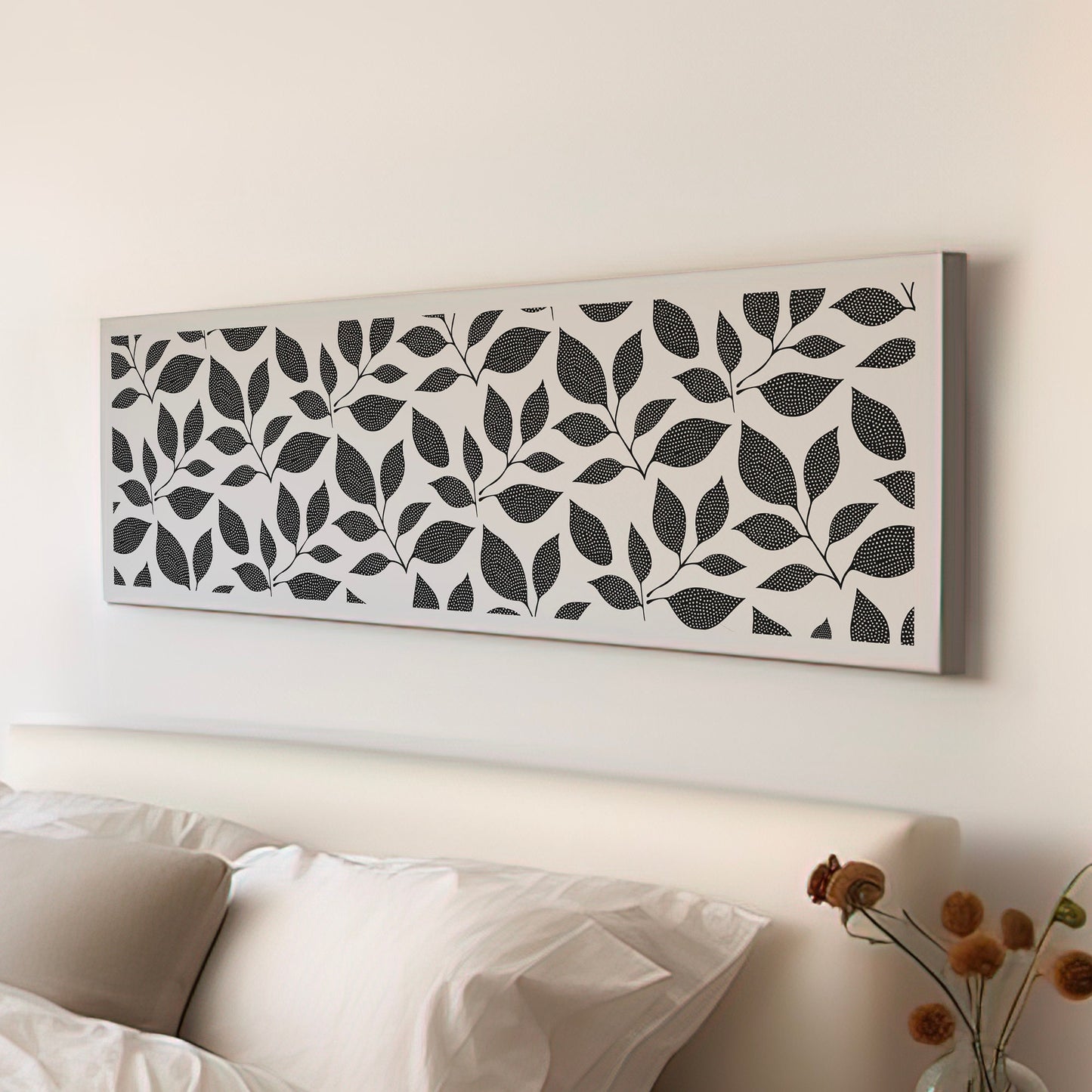 Beige Grey Floral Pattern Long Horizontal Wall Art Above Bed, Panoramic Botanic Canvas Print, Leaves Decor Canvas Art