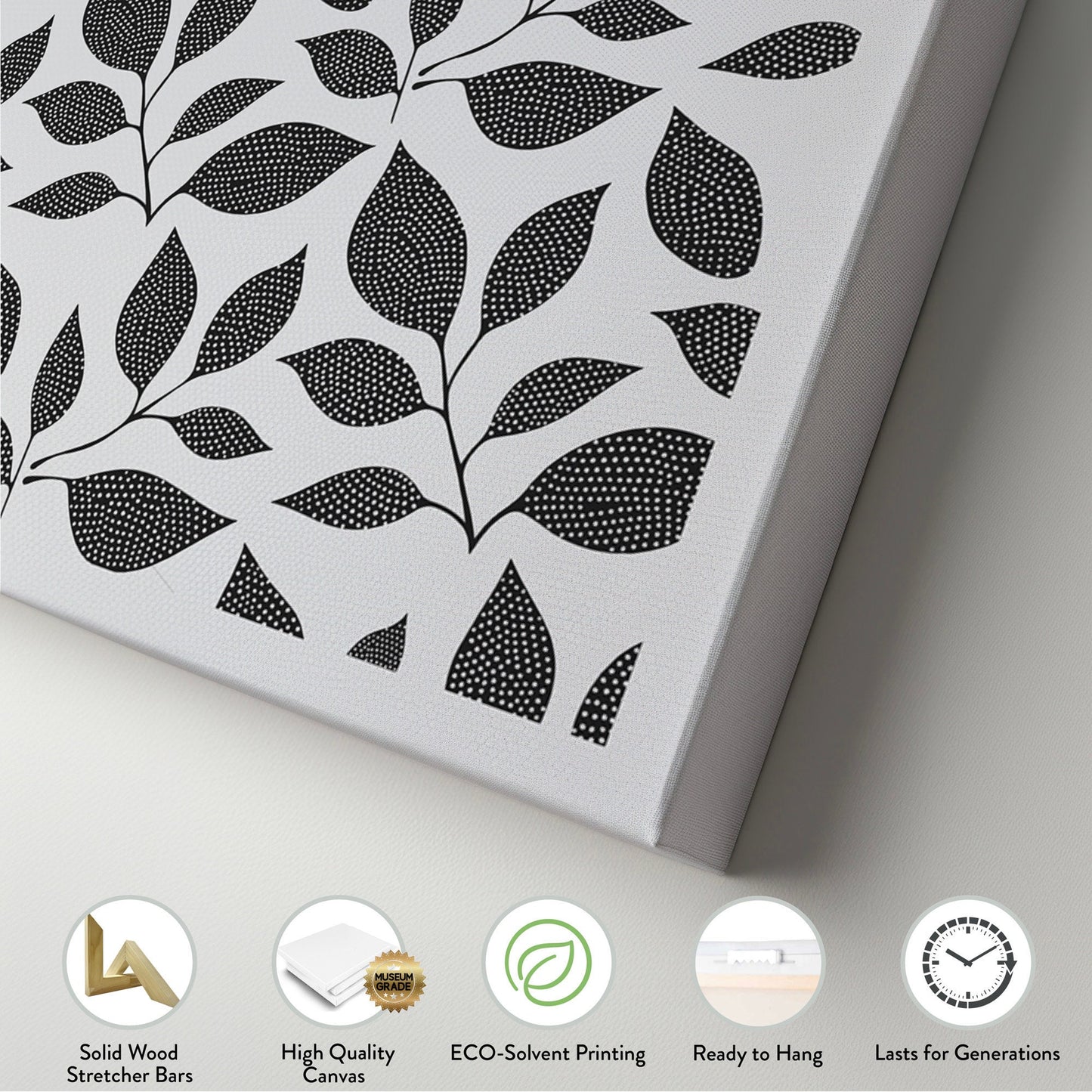 Beige Grey Floral Pattern Long Horizontal Wall Art Above Bed, Panoramic Botanic Canvas Print, Leaves Decor Canvas Art