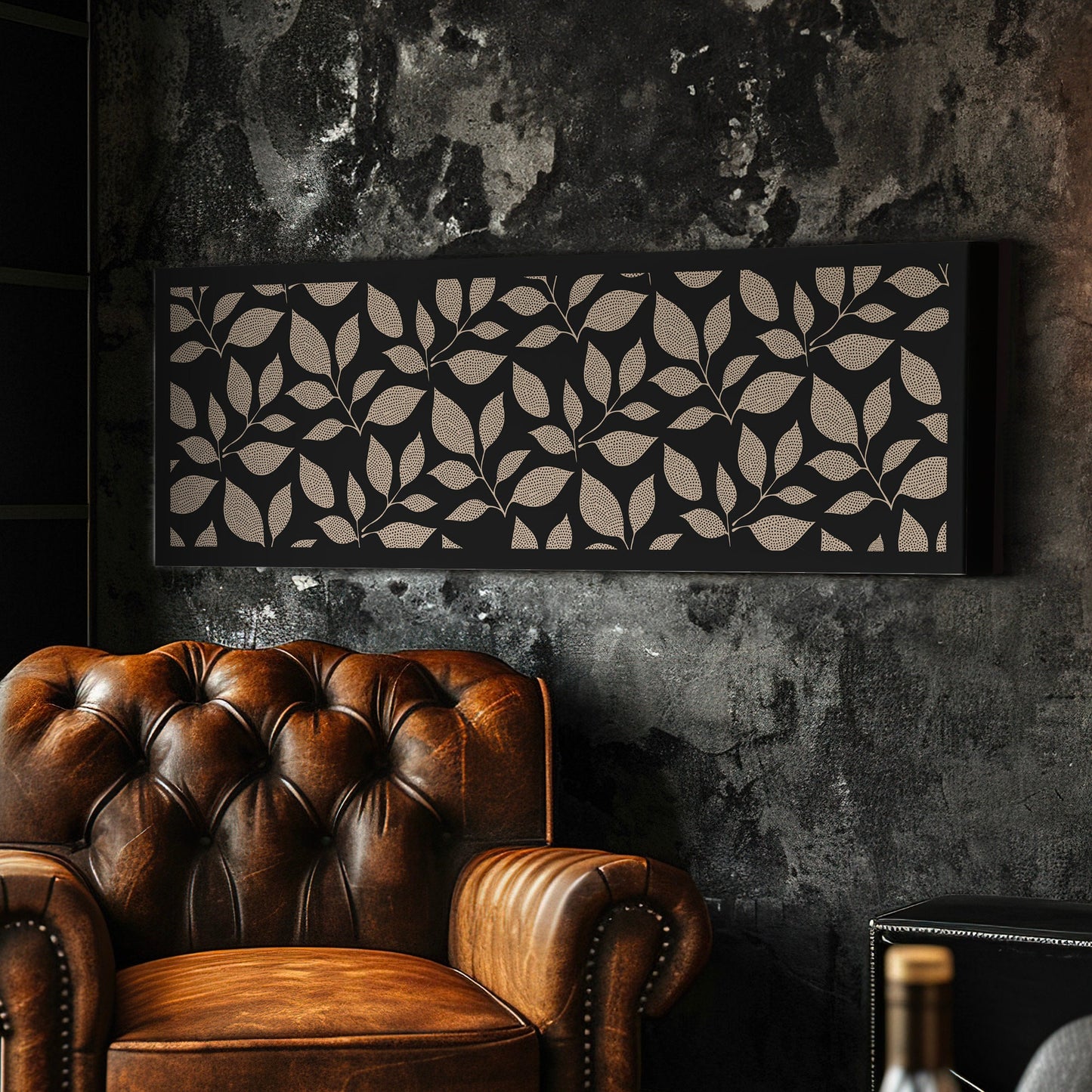 Beige Floral Pattern Long Horizontal Wall Art For Living Room, Panoramic Botanic Canvas Print, Dark Decor Canvas Art