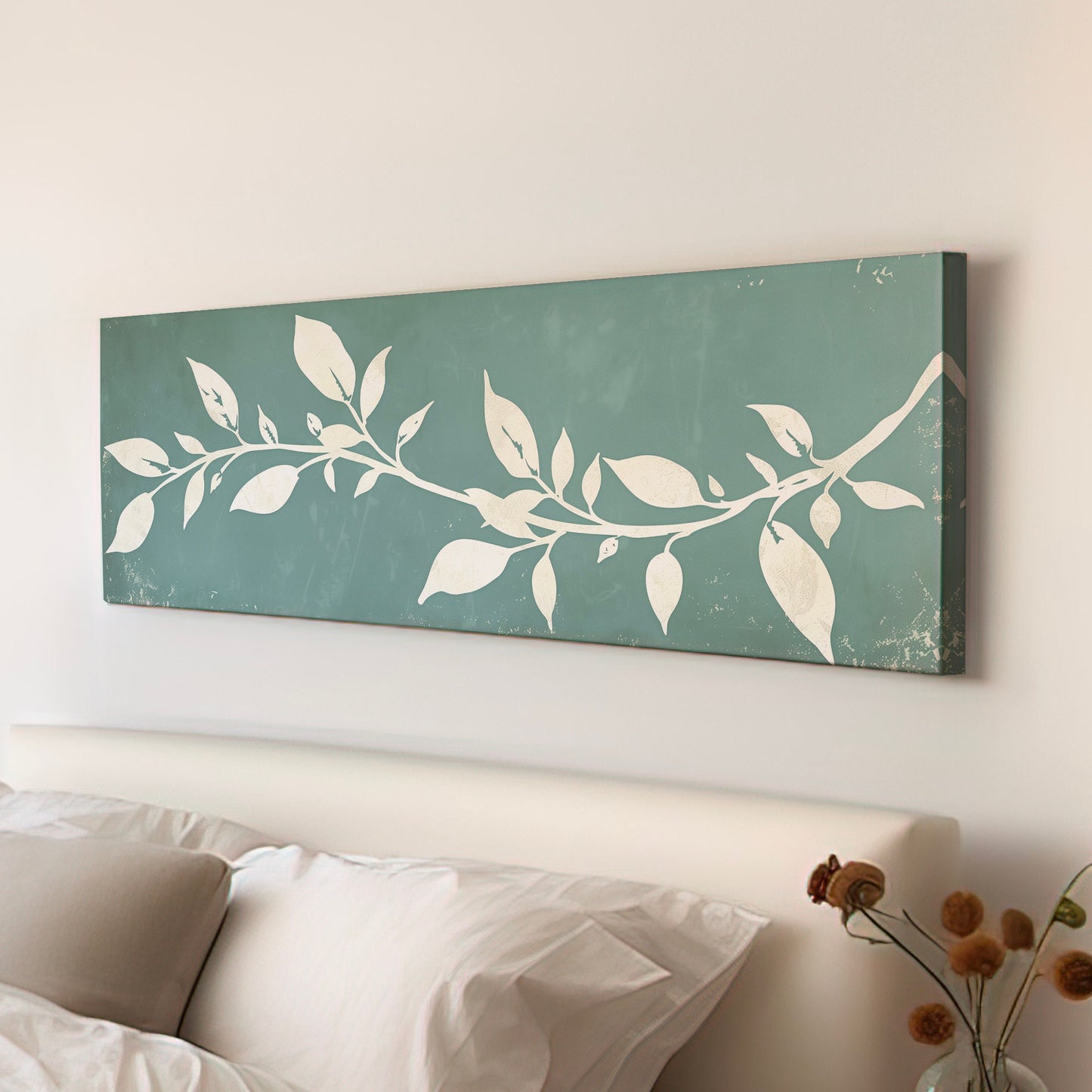 Basil Long Horizontal Wall Art For Kitchen, Panoramic Botanical Canvas Print, Sage Green Decor Canvas Art