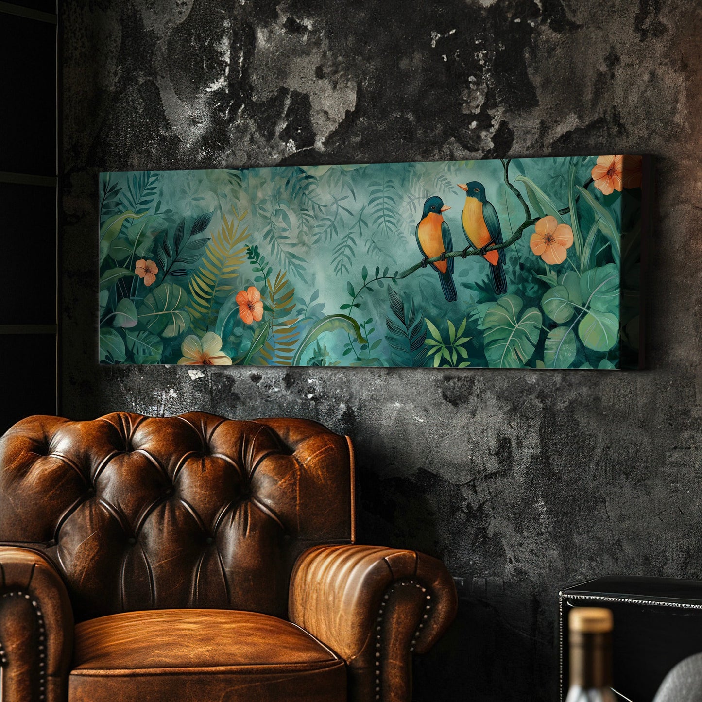 American Robin Couple Long Horizontal Wall Art For Living Room, Panoramic Jungle Canvas Print, Bird Decor Canvas Art