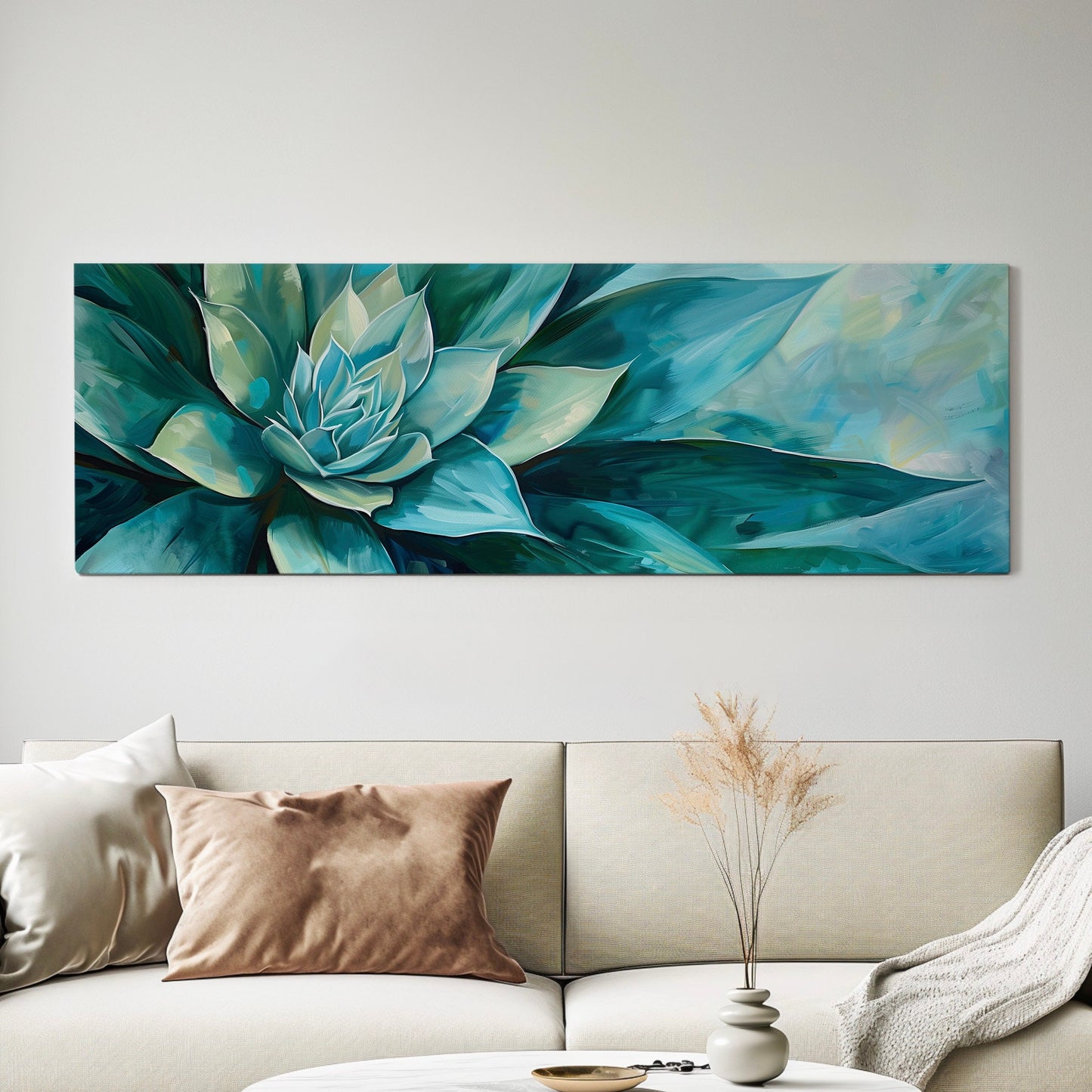 Agave Close Up Long Horizontal Wall Art For Living Room, Panoramic Cactus Canvas Print, Botanical Decor Canvas Art