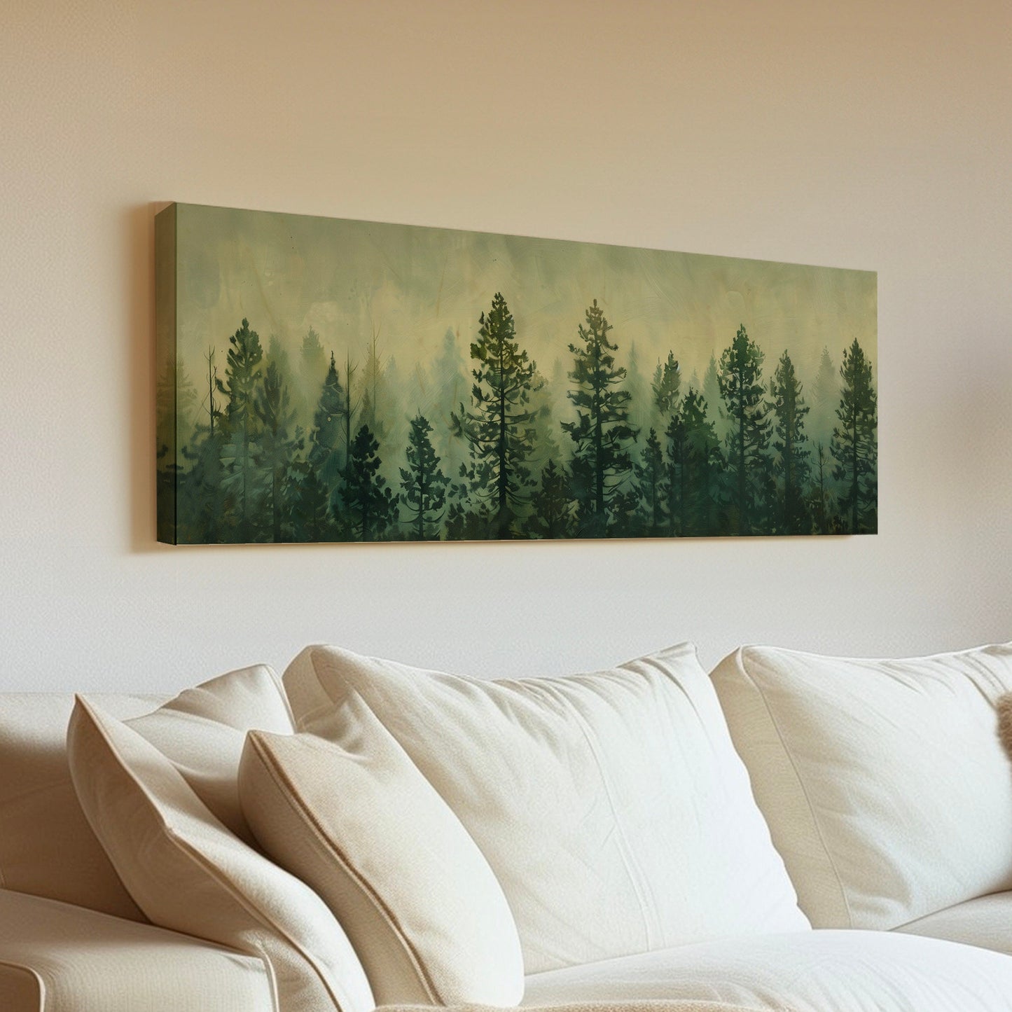 Pine Tree Forest Long Horizontal Wall Art For Bedroom, Panoramic Green Canvas Print, Minimal Decor Canvas Art