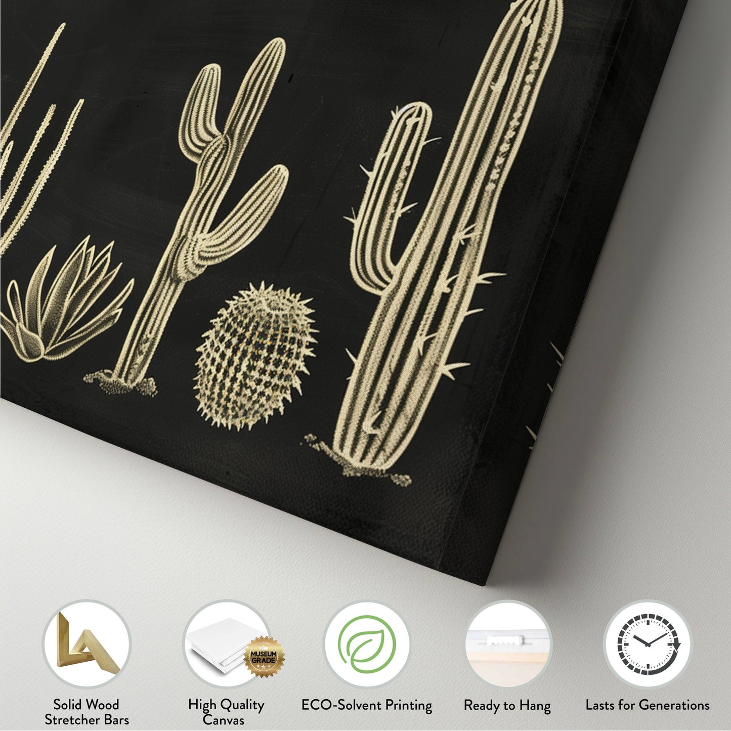 Succulent Cactus Chalk Drawing Long Horizontal Wall Art For Living Room, Panoramic Minimalist Canvas Print, Illustration Decor Canvas Art
