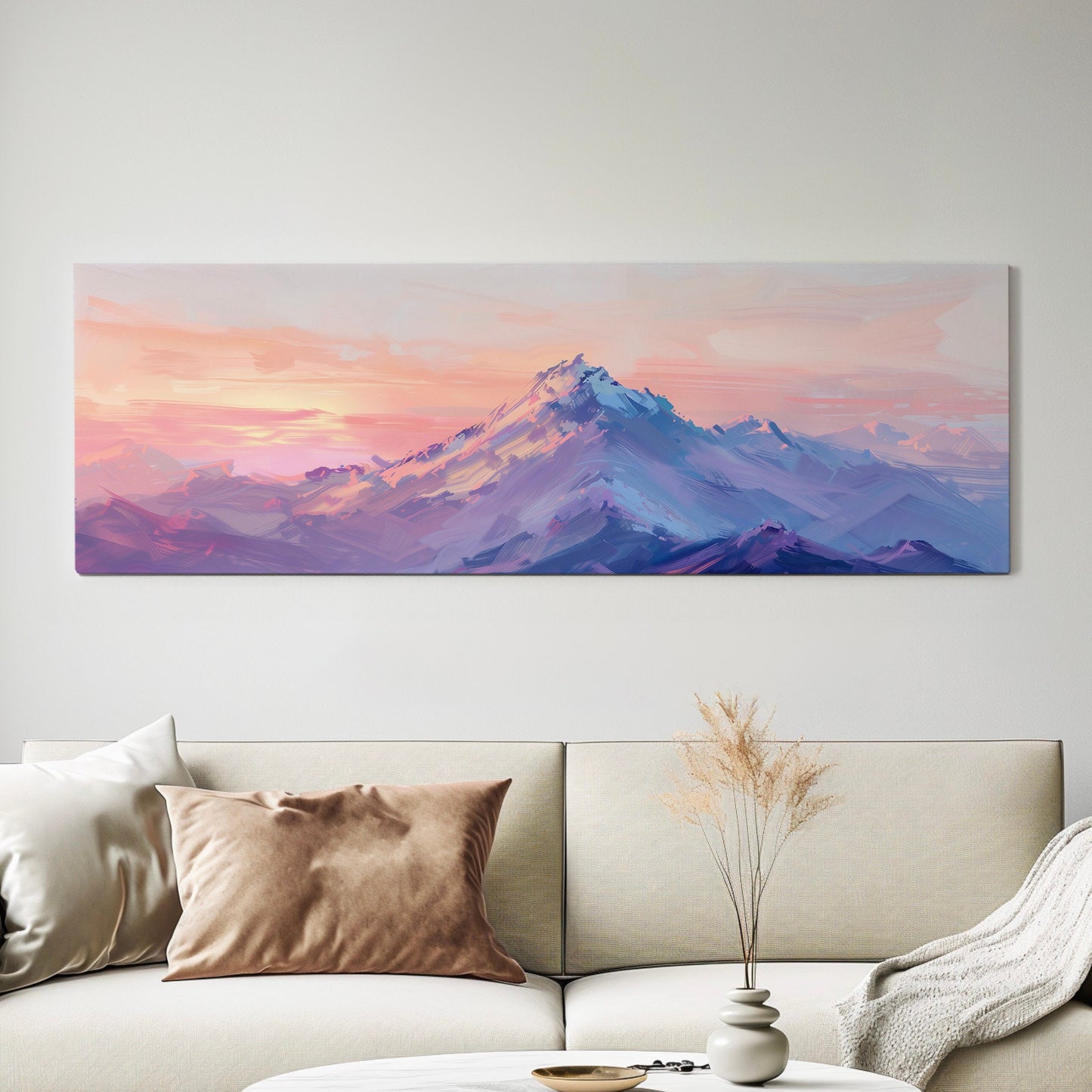 Pink and Purple Mountain Long Horizontal Wall Art For Living Room, Panoramic Sunset Canvas Print, Misty Decor Canvas Art