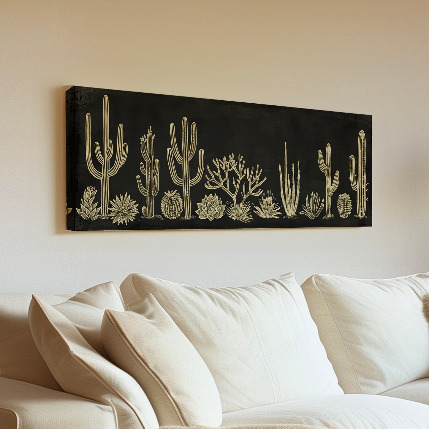 Succulent Cactus Chalk Drawing Long Horizontal Wall Art For Living Room, Panoramic Minimalist Canvas Print, Illustration Decor Canvas Art