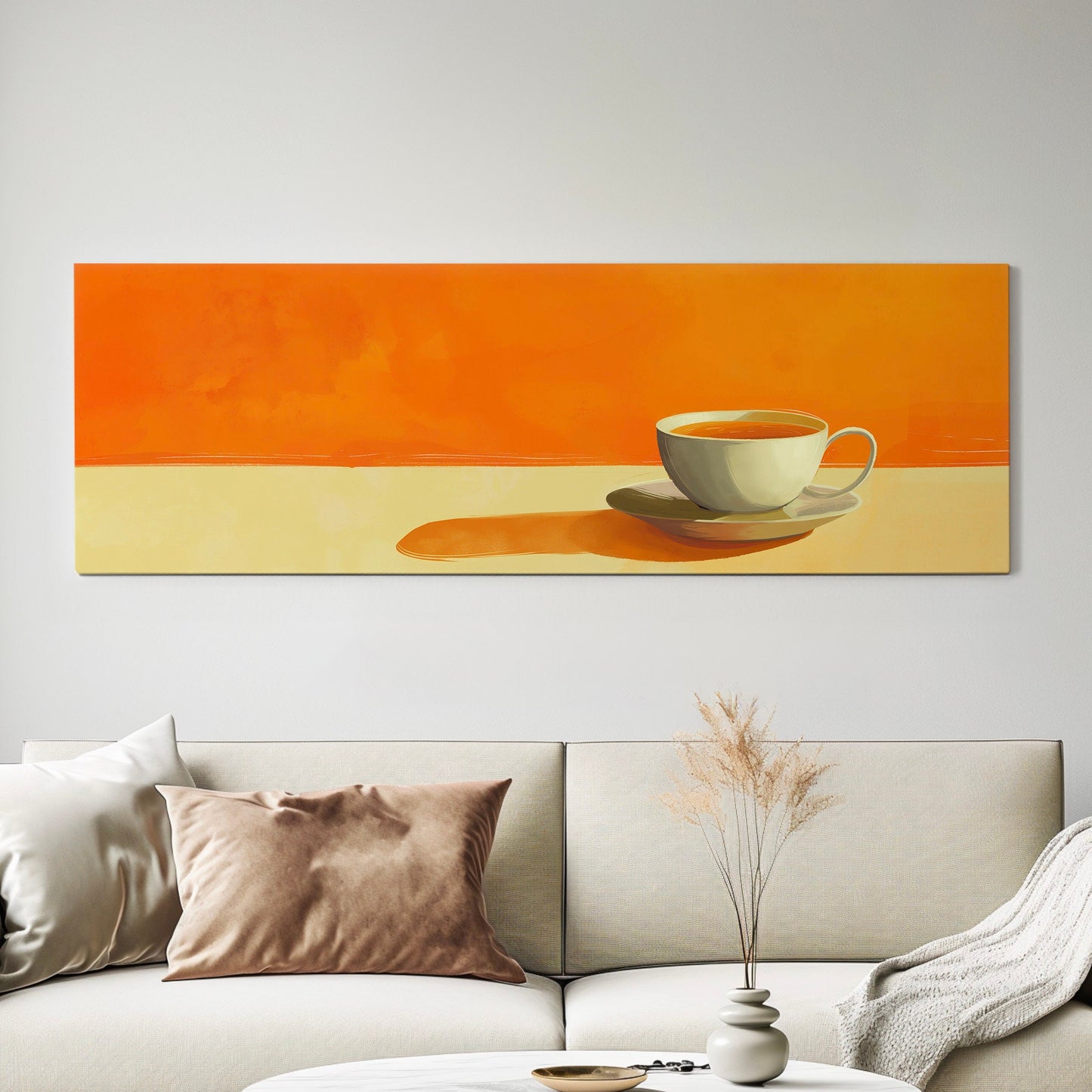 Orange Coffee Bar Art Long Horizontal Wall Art For Kitchen, Panoramic Barista Canvas Print, Coffee Bar Decor Canvas Art