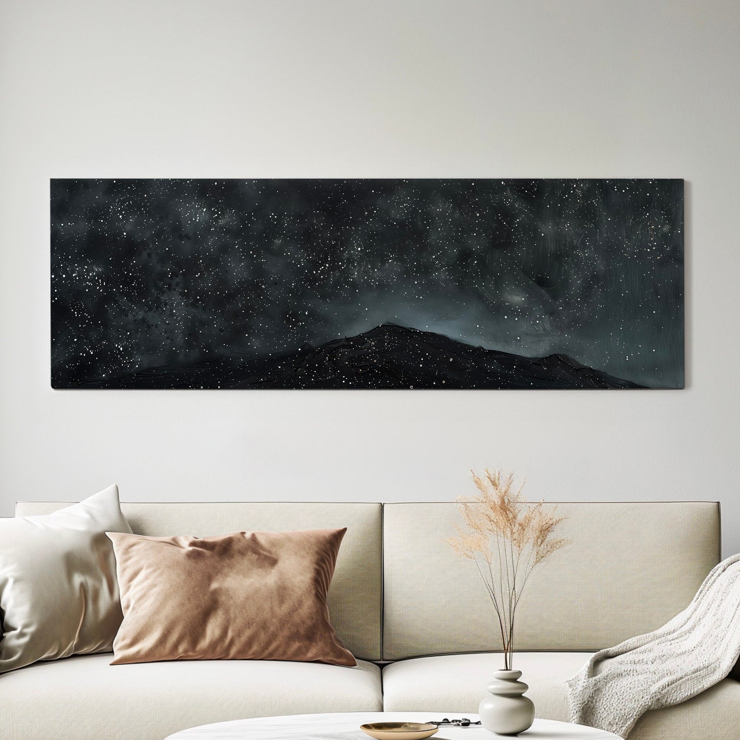 Night Sky Over A Mountain Long Horizontal Wall Art Above Bed, Panoramic Nature Canvas Print, Hunting Cabin Decor Canvas Art