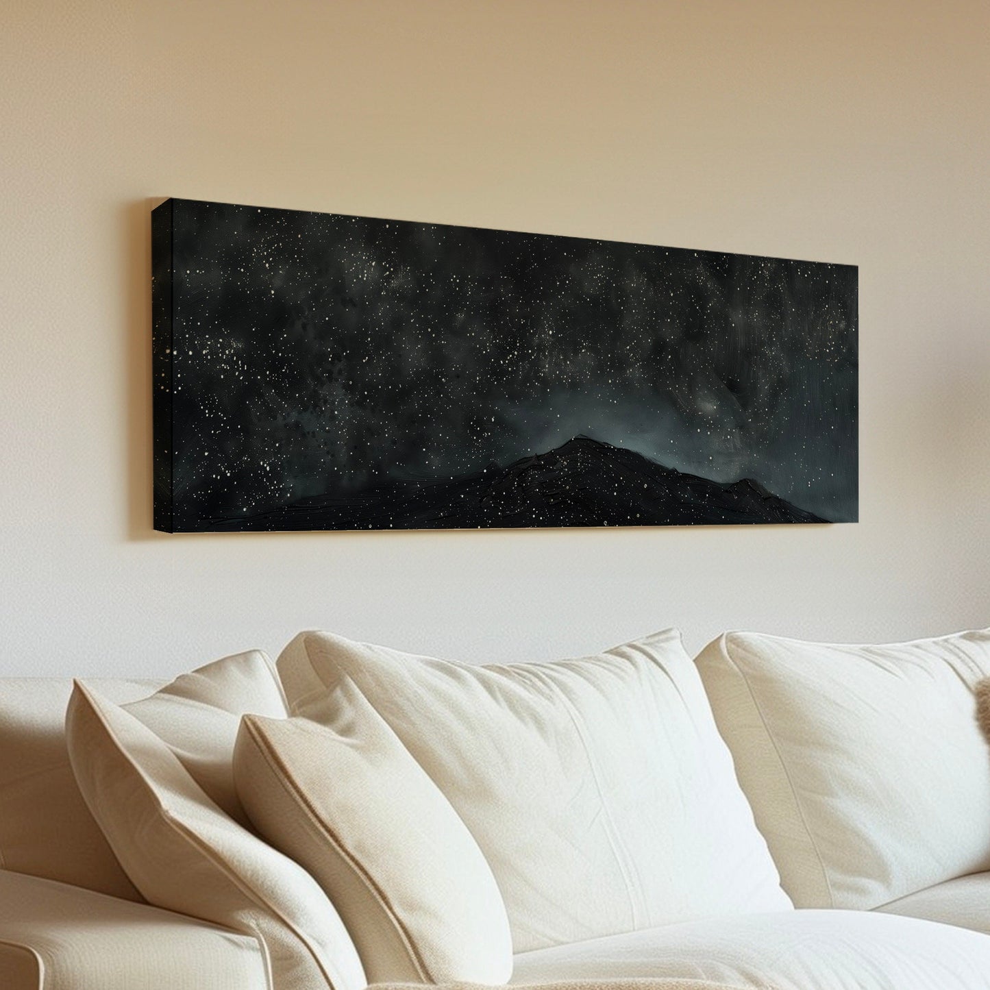 Night Sky Over A Mountain Long Horizontal Wall Art Above Bed, Panoramic Nature Canvas Print, Hunting Cabin Decor Canvas Art