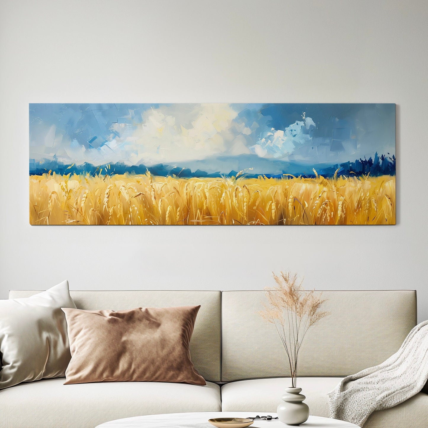 Golden Wheat Field Long Horizontal Wall Art For Living Room, Panoramic Beautiful Scene Canvas Print, Farmhouse Decor Canvas Art