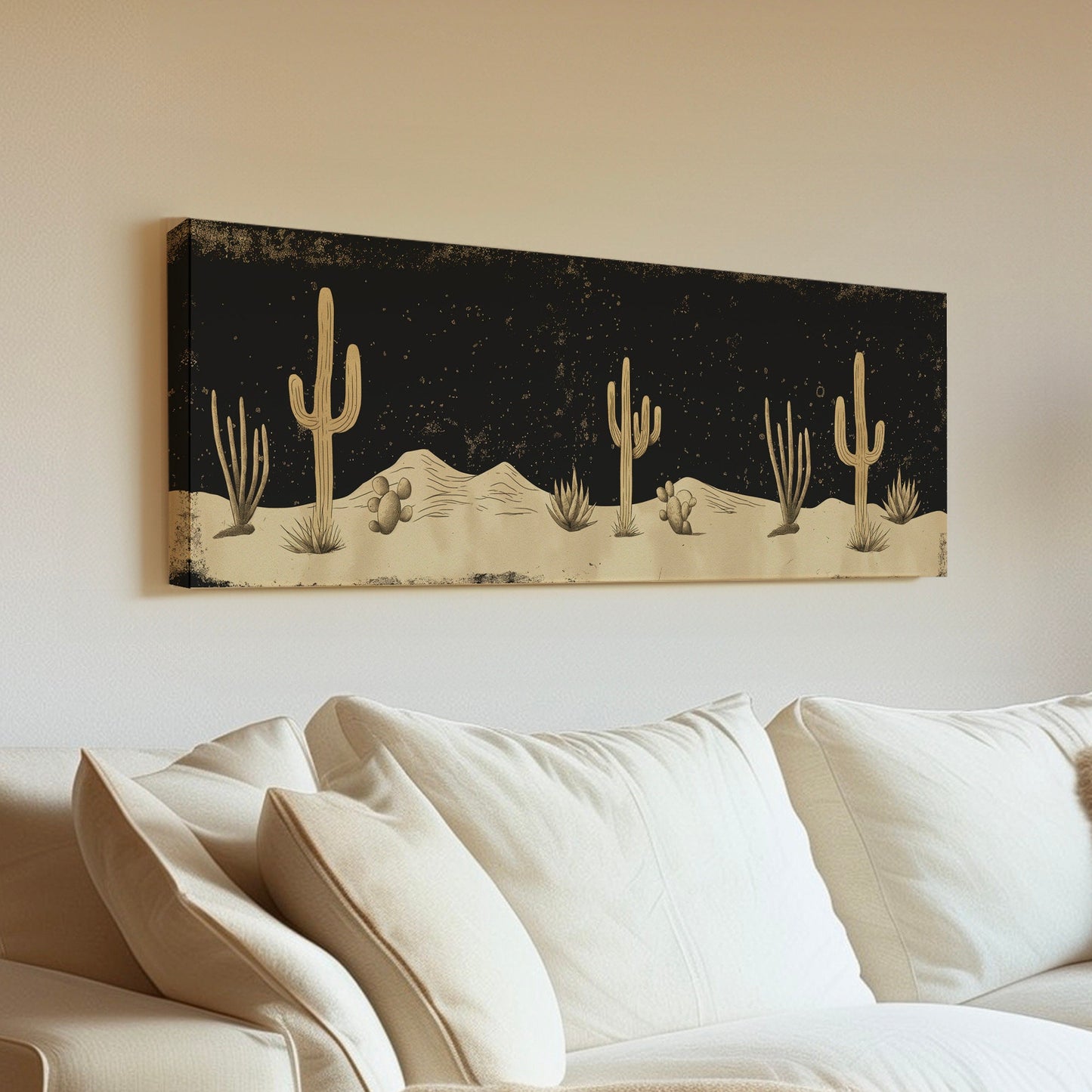 Desert At Midnight Long Horizontal Wall Art Above Bed, Panoramic Southwestern Canvas Print, Farmhouse Decor Canvas Art