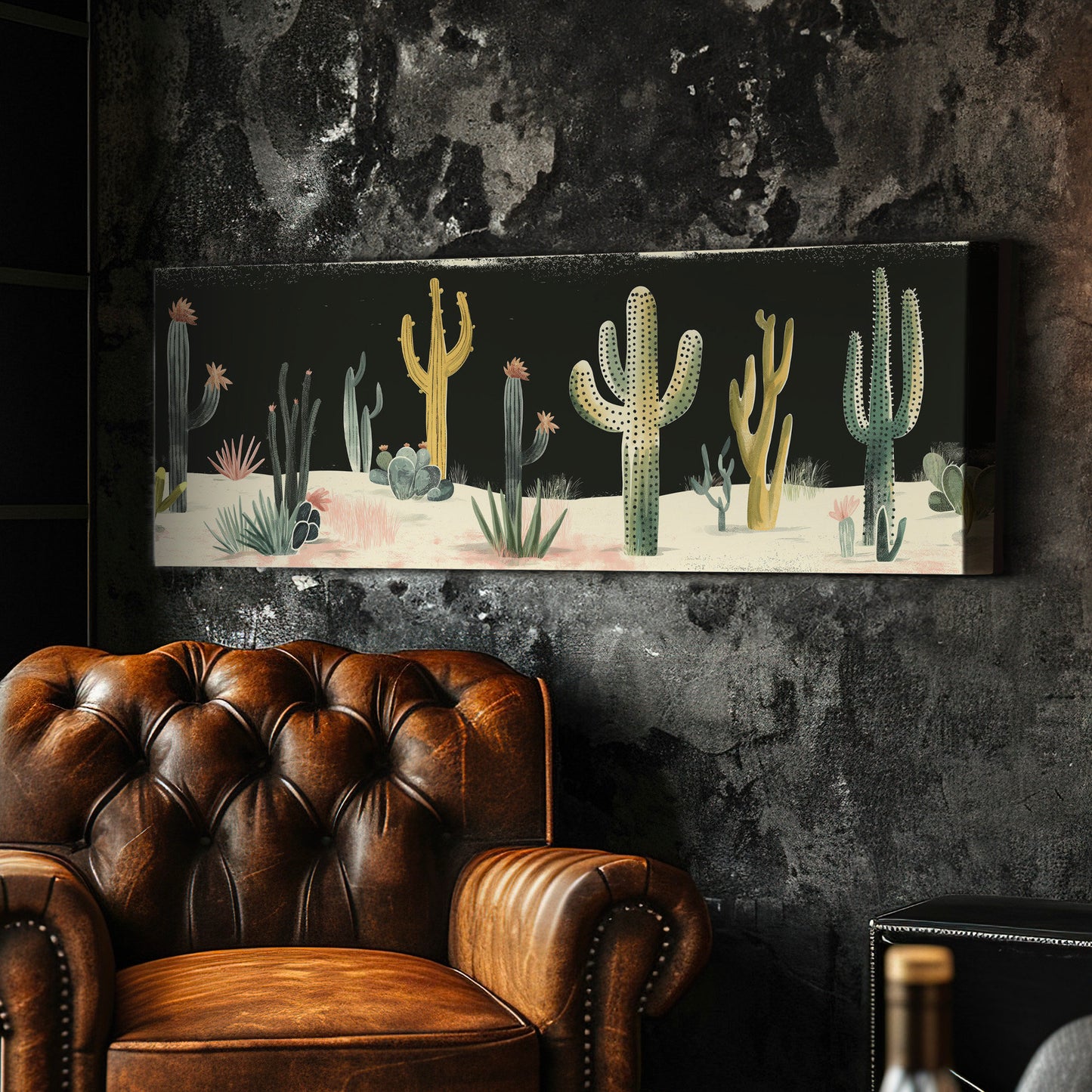 Desert At night Long Horizontal Wall Art For Living Room, Panoramic Southwestern Canvas Print, Cactus Decor Canvas Art