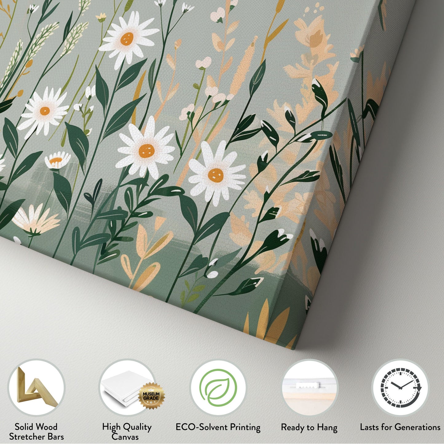 White Wildflovers Long Horizontal Wall Art For Living Room, Panoramic Minimal Illustration Canvas Print, Sage Green leaves Decor Canvas Art