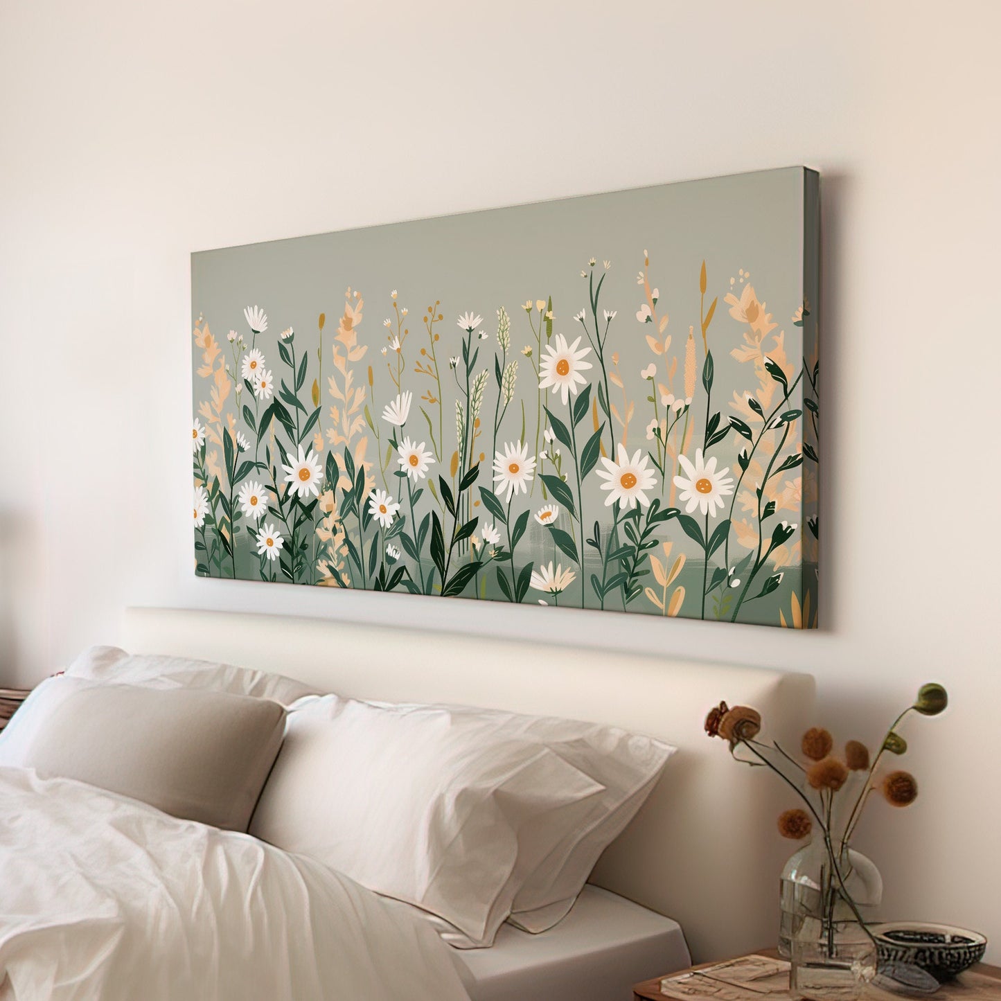 White Wildflovers Long Horizontal Wall Art For Living Room, Panoramic Minimal Illustration Canvas Print, Sage Green leaves Decor Canvas Art