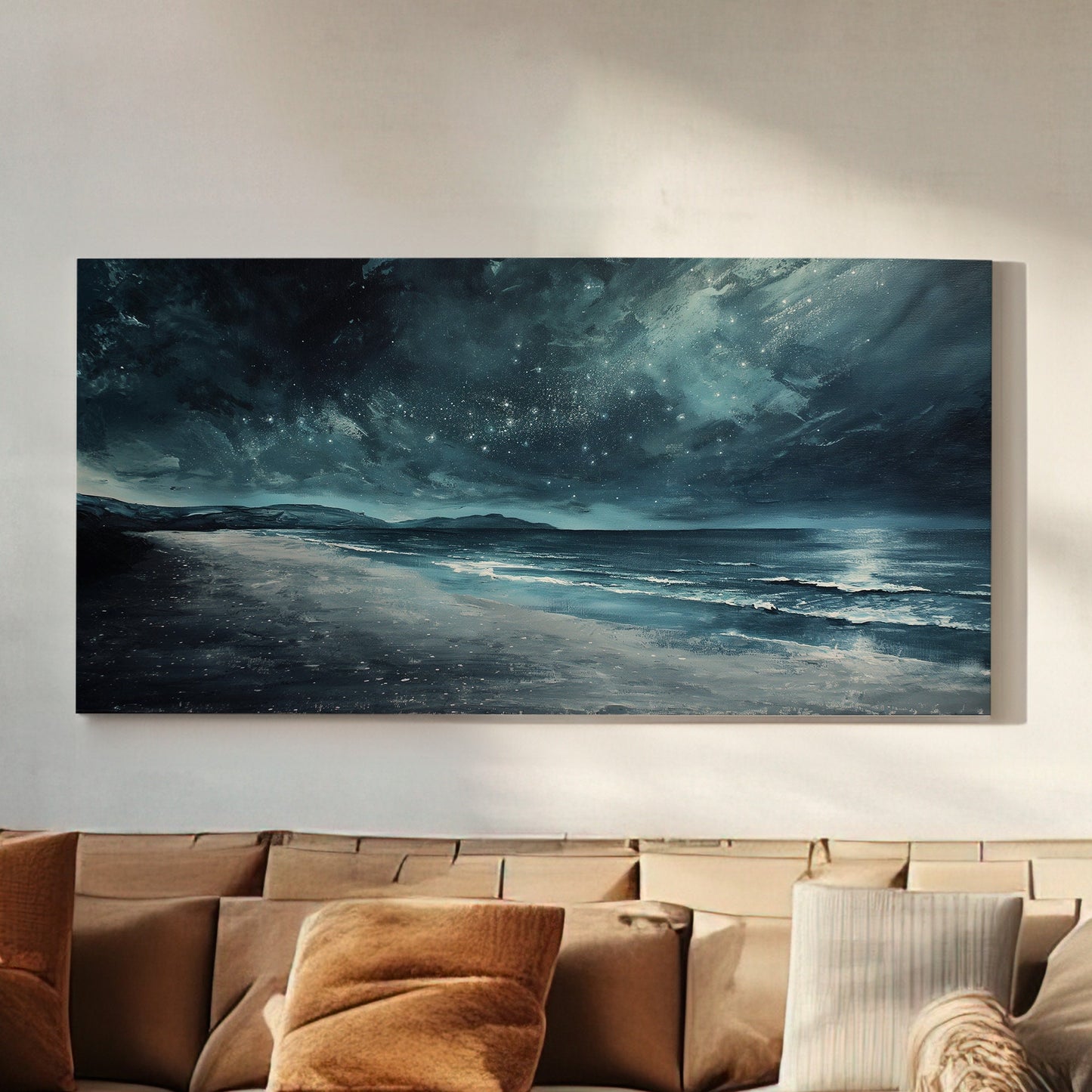 Starry Sky Long Horizontal Wall Art Above Bed, Panoramic Silver Tones Canvas Print, Neutral Decor Canvas Art