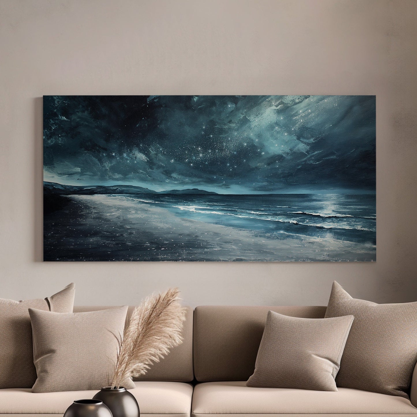 Starry Sky Long Horizontal Wall Art Above Bed, Panoramic Silver Tones Canvas Print, Neutral Decor Canvas Art