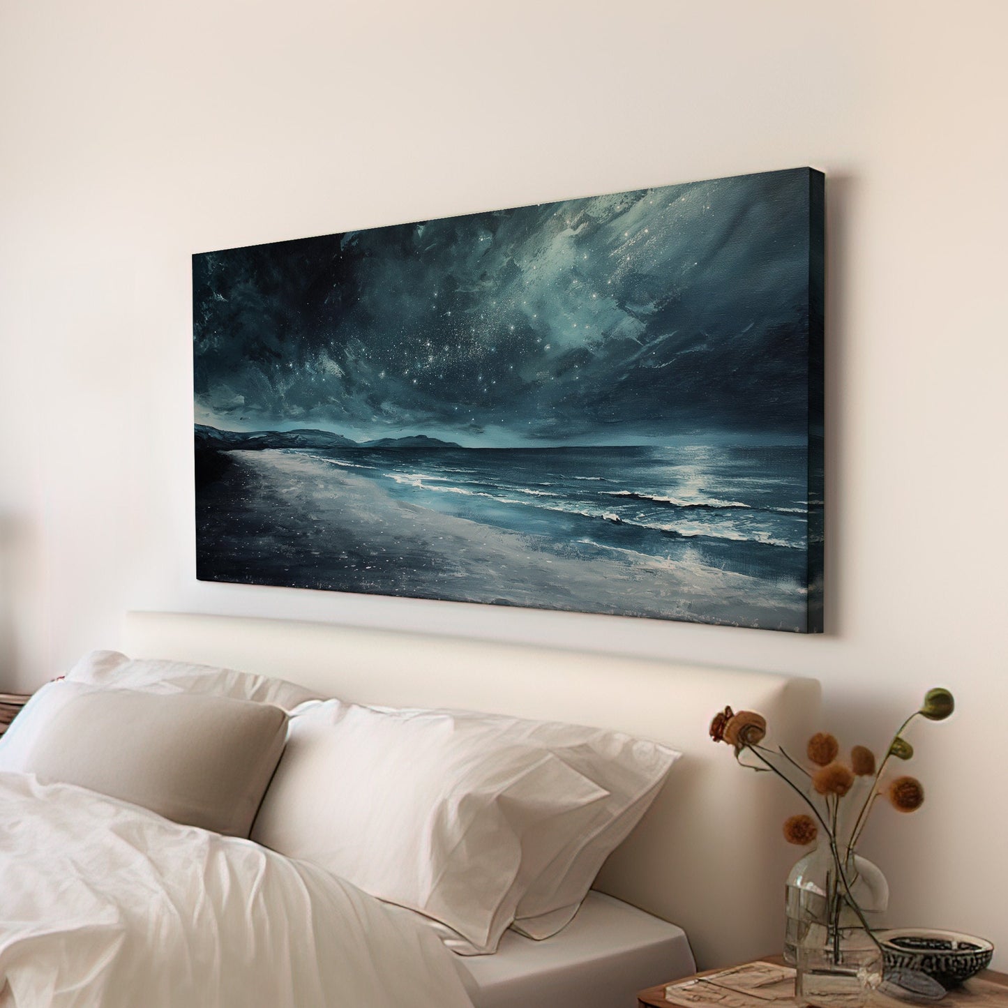 Starry Sky Long Horizontal Wall Art Above Bed, Panoramic Silver Tones Canvas Print, Neutral Decor Canvas Art