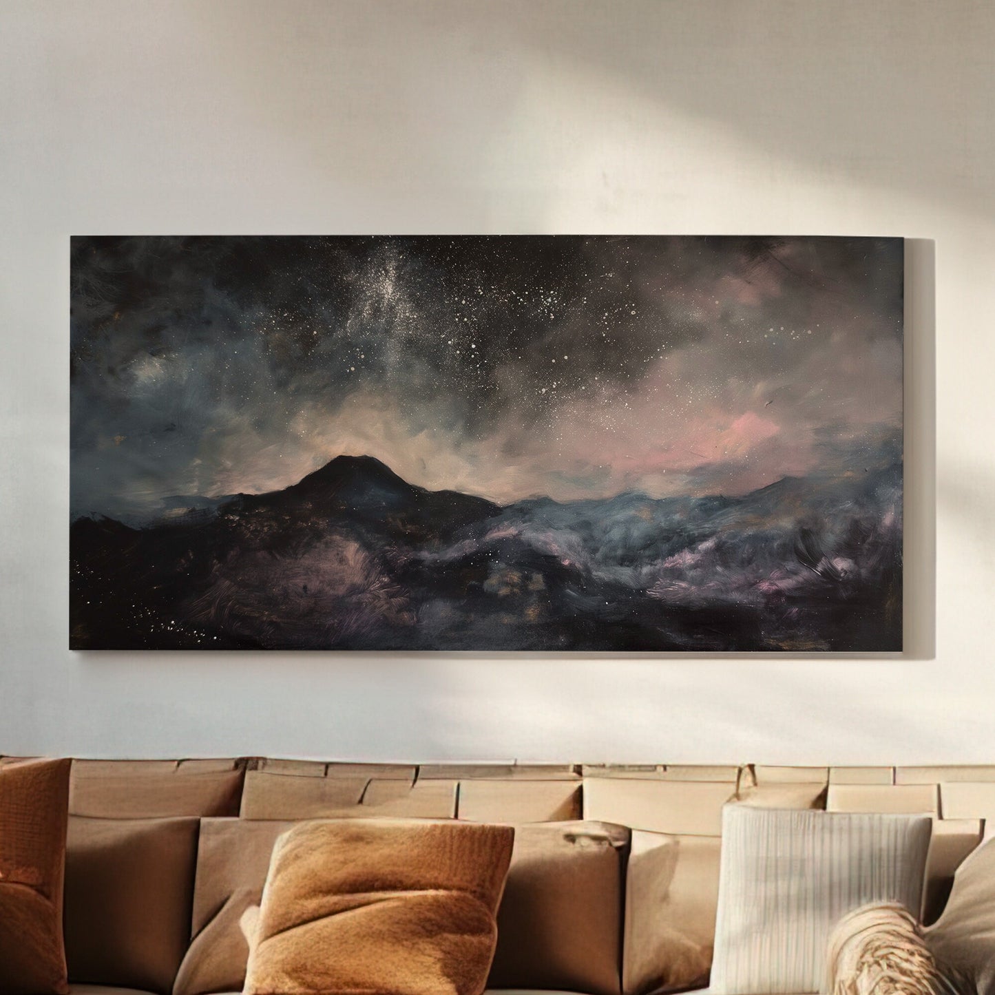 Starry Night Long Horizontal Wall Art For Bedroom, Panoramic Mountains Canvas Print, Minimal Decor Canvas Art