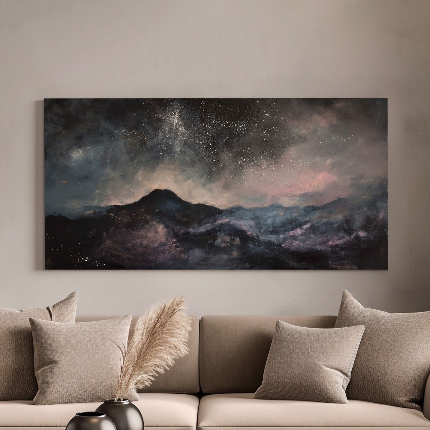 Starry Night Long Horizontal Wall Art For Bedroom, Panoramic Mountains Canvas Print, Minimal Decor Canvas Art