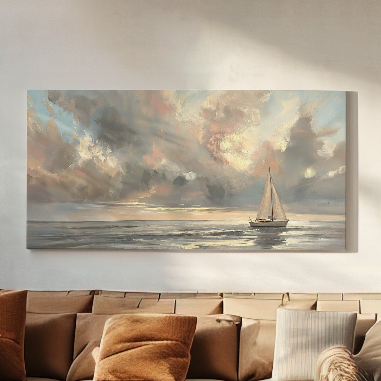 Sailing Long Horizontal Wall Art For Bedroom, Panoramic Lake House Canvas Print, Regatta Decor Canvas Art