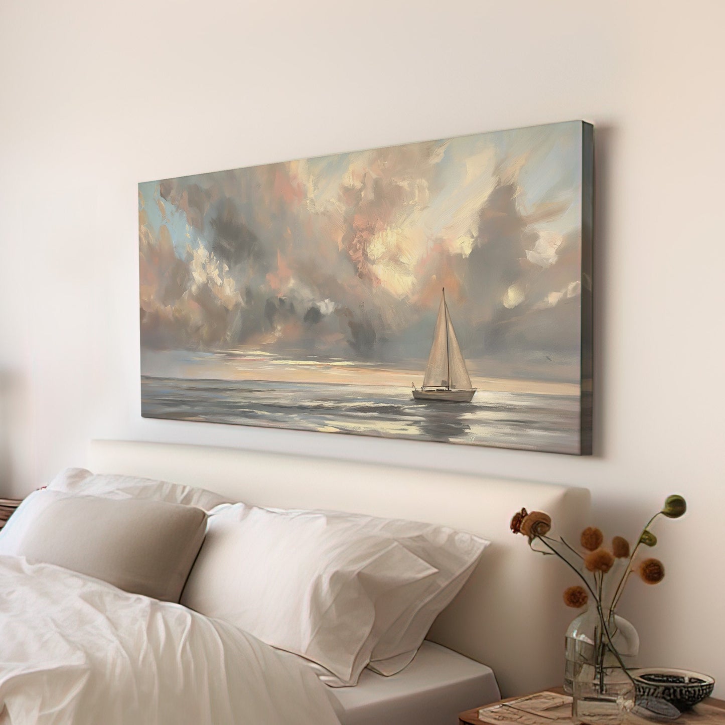 Sailing Long Horizontal Wall Art For Bedroom, Panoramic Lake House Canvas Print, Regatta Decor Canvas Art