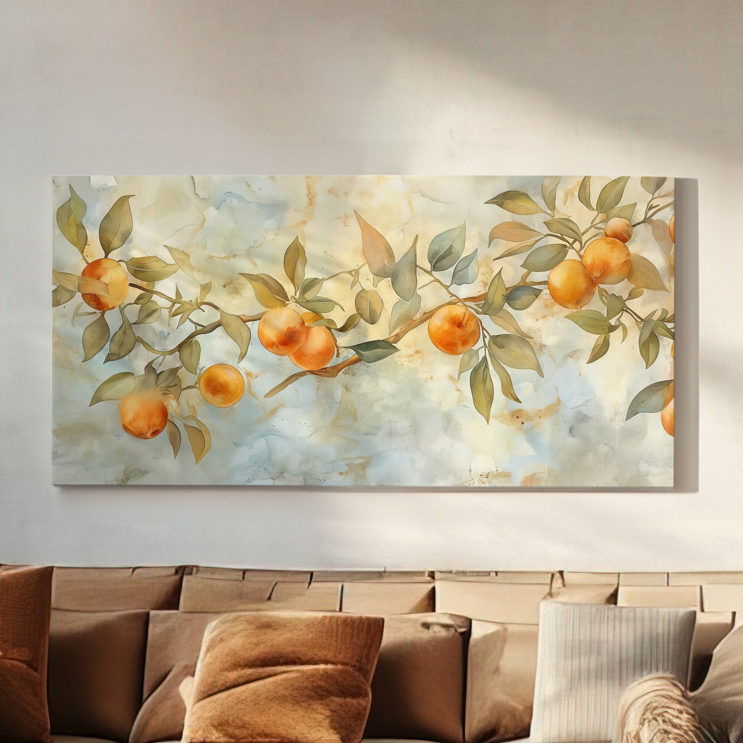 orange Tree Branch Long Horizontal Wall Art For Guestroom, Panoramic Fruit Field Canvas Print, Farmhouse Decor Canvas Art