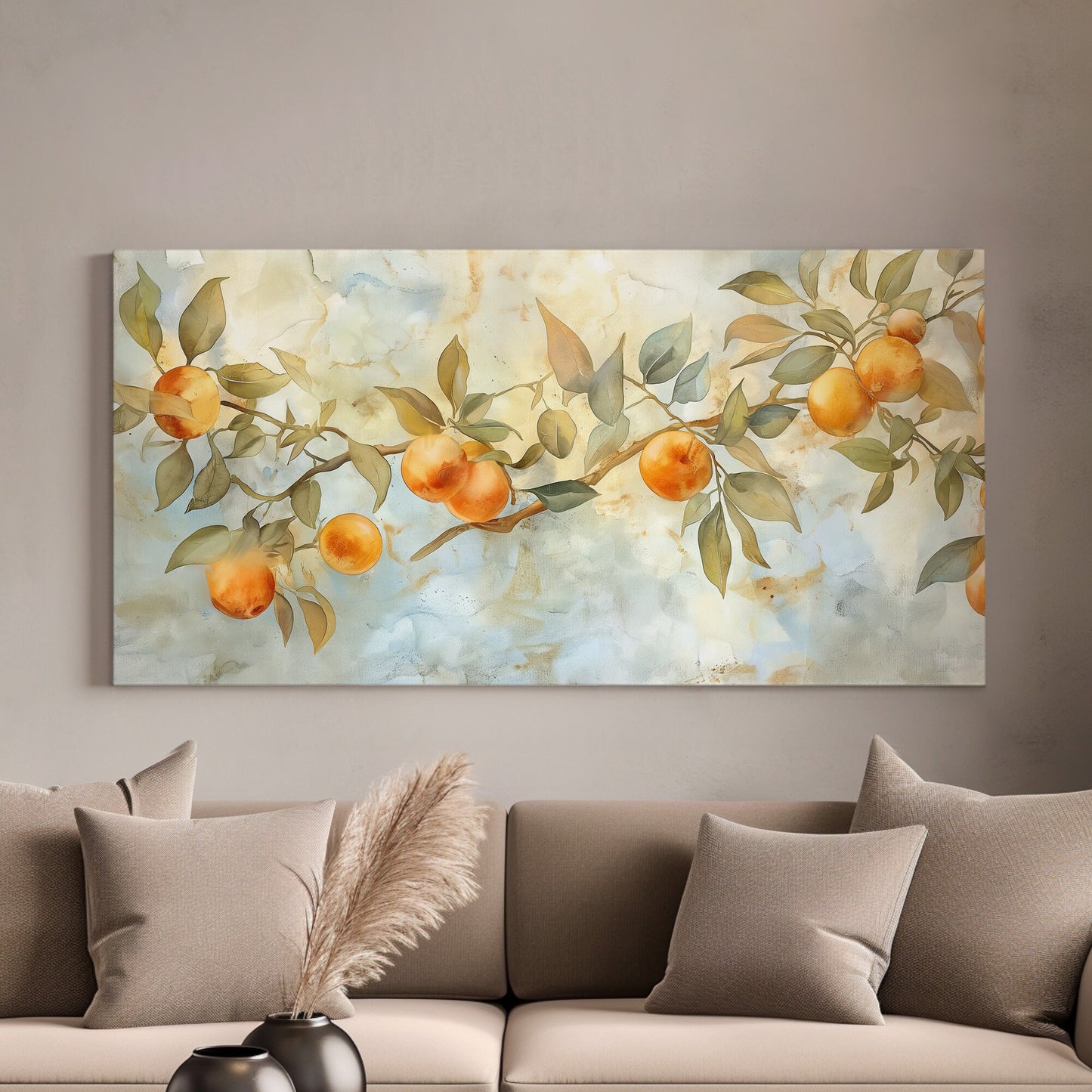 orange Tree Branch Long Horizontal Wall Art For Guestroom, Panoramic Fruit Field Canvas Print, Farmhouse Decor Canvas Art