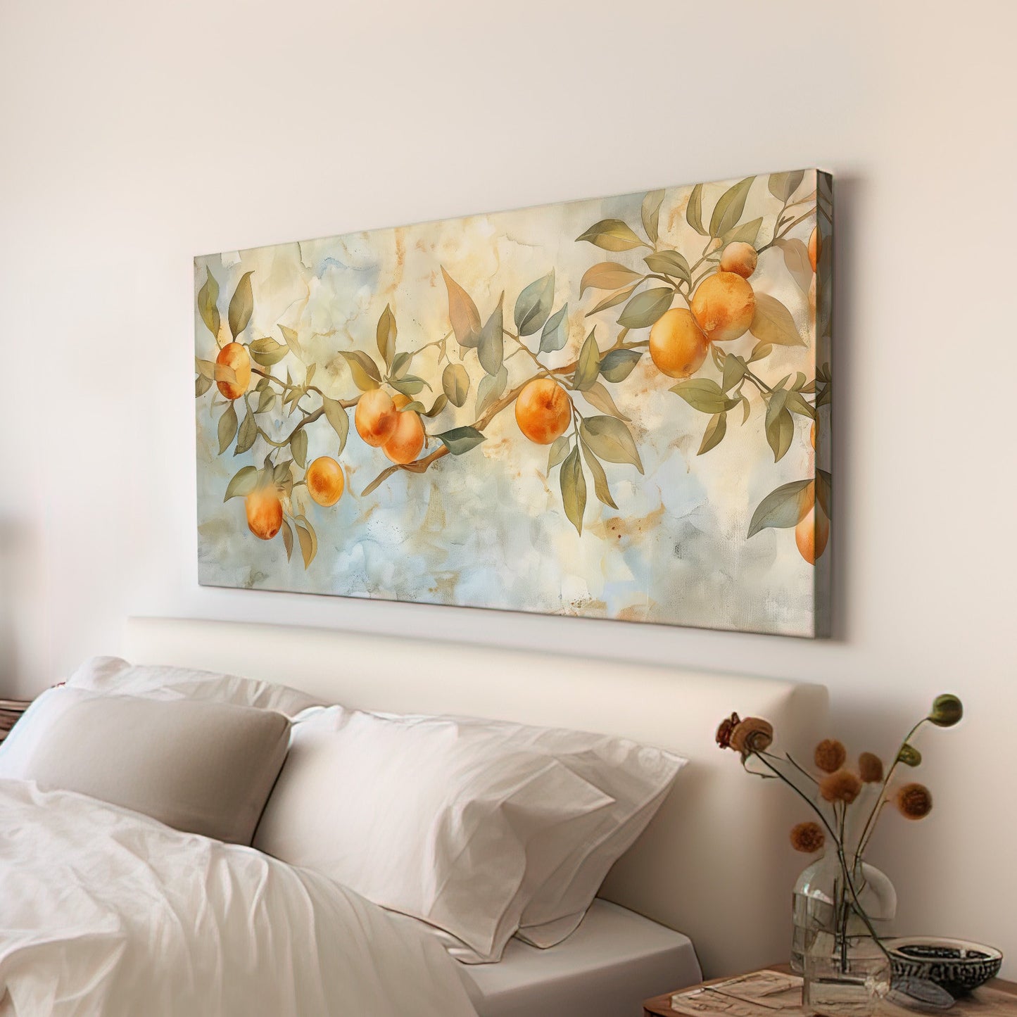 orange Tree Branch Long Horizontal Wall Art For Guestroom, Panoramic Fruit Field Canvas Print, Farmhouse Decor Canvas Art