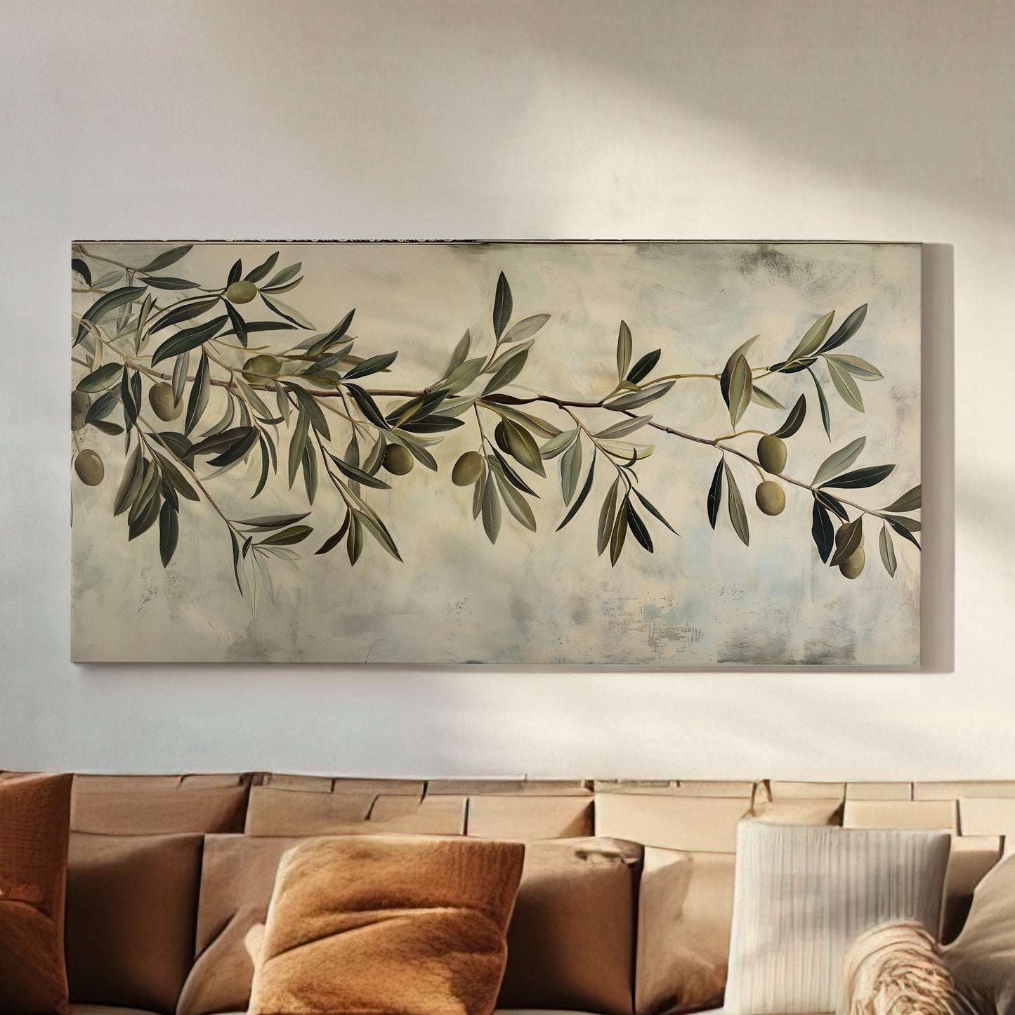 Olive Tree Branch Long Horizontal Wall Art For Kitchen, Panoramic Botanical Canvas Print, Farmhouse Decor Canvas Art