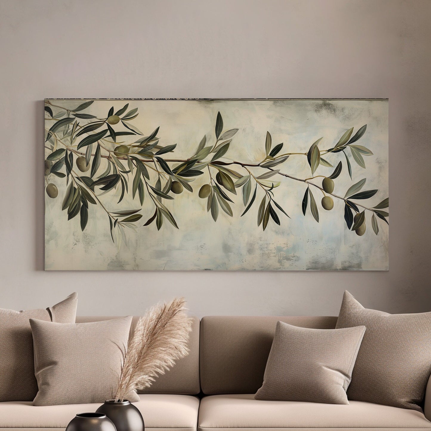 Olive Tree Branch Long Horizontal Wall Art For Kitchen, Panoramic Botanical Canvas Print, Farmhouse Decor Canvas Art