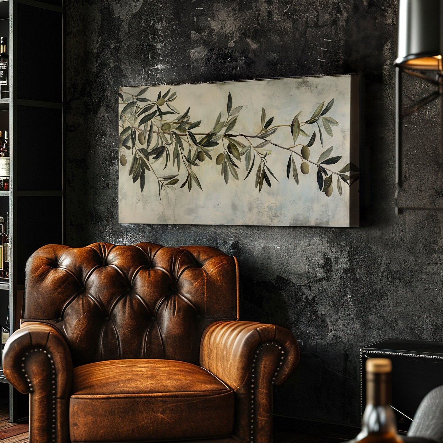 Olive Tree Branch Long Horizontal Wall Art For Kitchen, Panoramic Botanical Canvas Print, Farmhouse Decor Canvas Art
