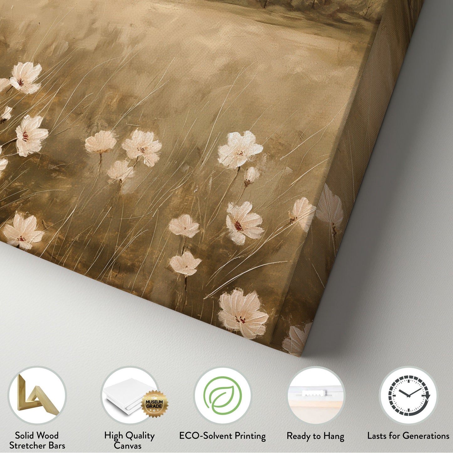 Neutral Wildflower Long Horizontal Wall Art For Guest Room, Panoramic Floral Field Canvas Print, Farmhouse Decor Canvas Art