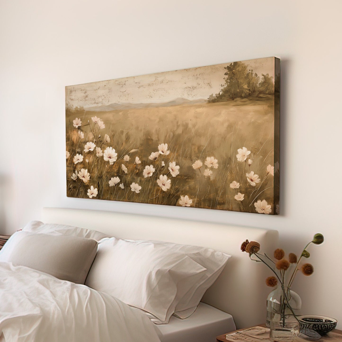 Neutral Wildflower Long Horizontal Wall Art For Guest Room, Panoramic Floral Field Canvas Print, Farmhouse Decor Canvas Art
