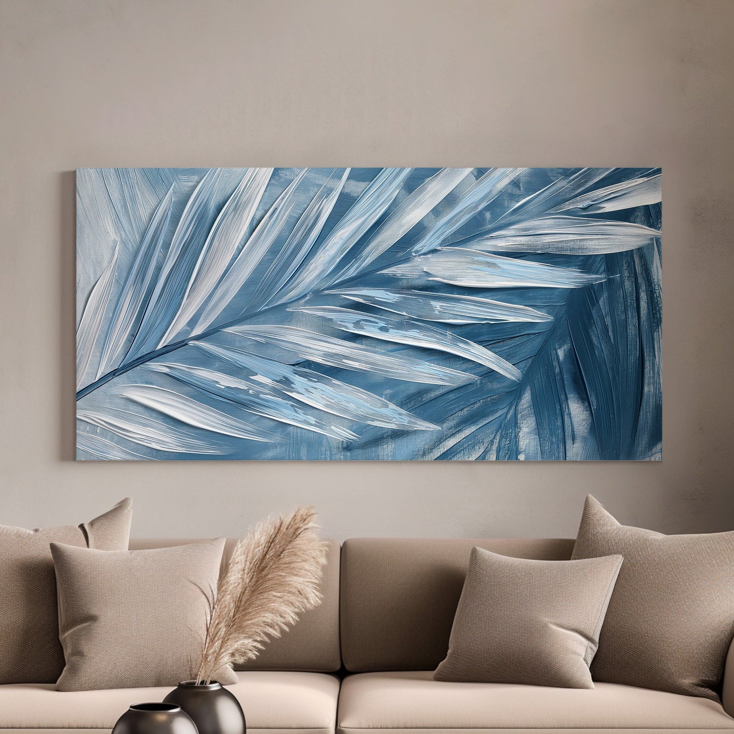 Minimal Palm Leaf Long Horizontal Wall Art For Bedroom, Panoramic White And Blue Canvas Print, Minimal Decor Canvas Art