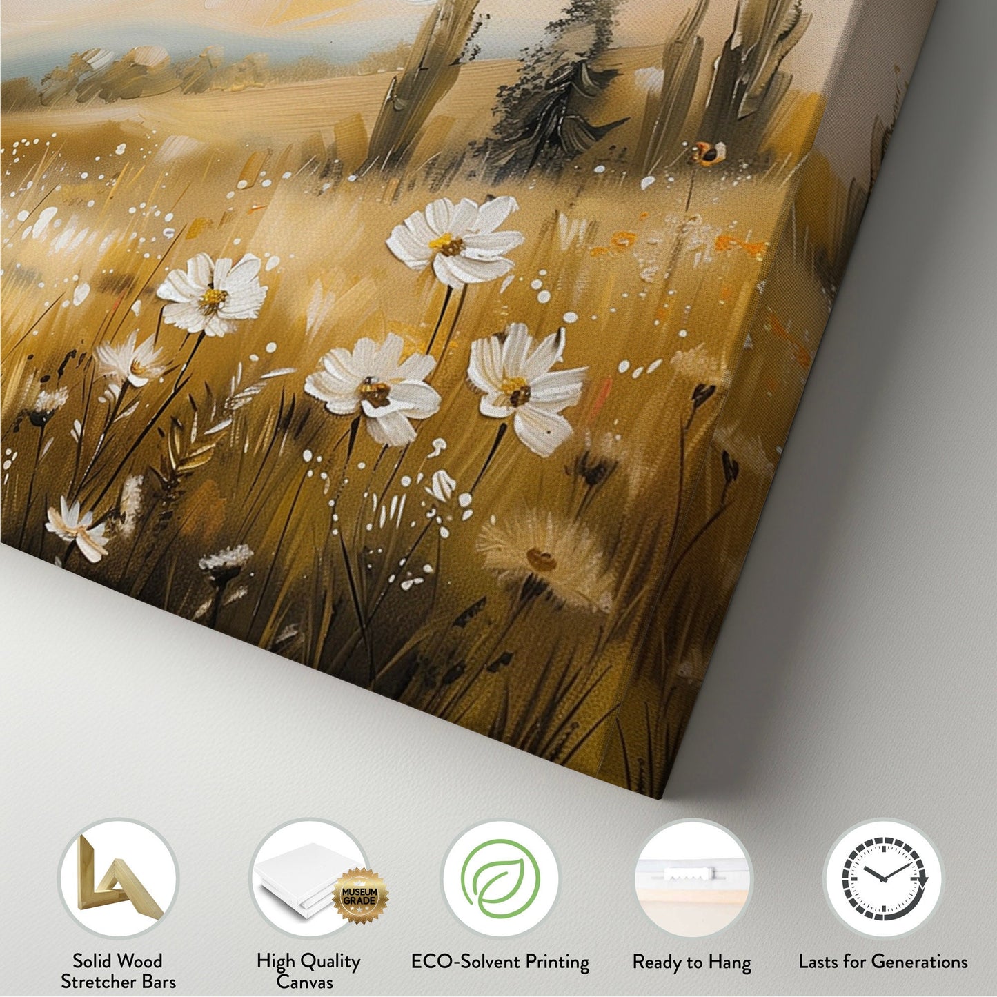 Wildflower Scene Long Horizontal Wall Art Above Bed, Panoramic Southwestern Canvas Print, Farmhouse Decor Canvas Art