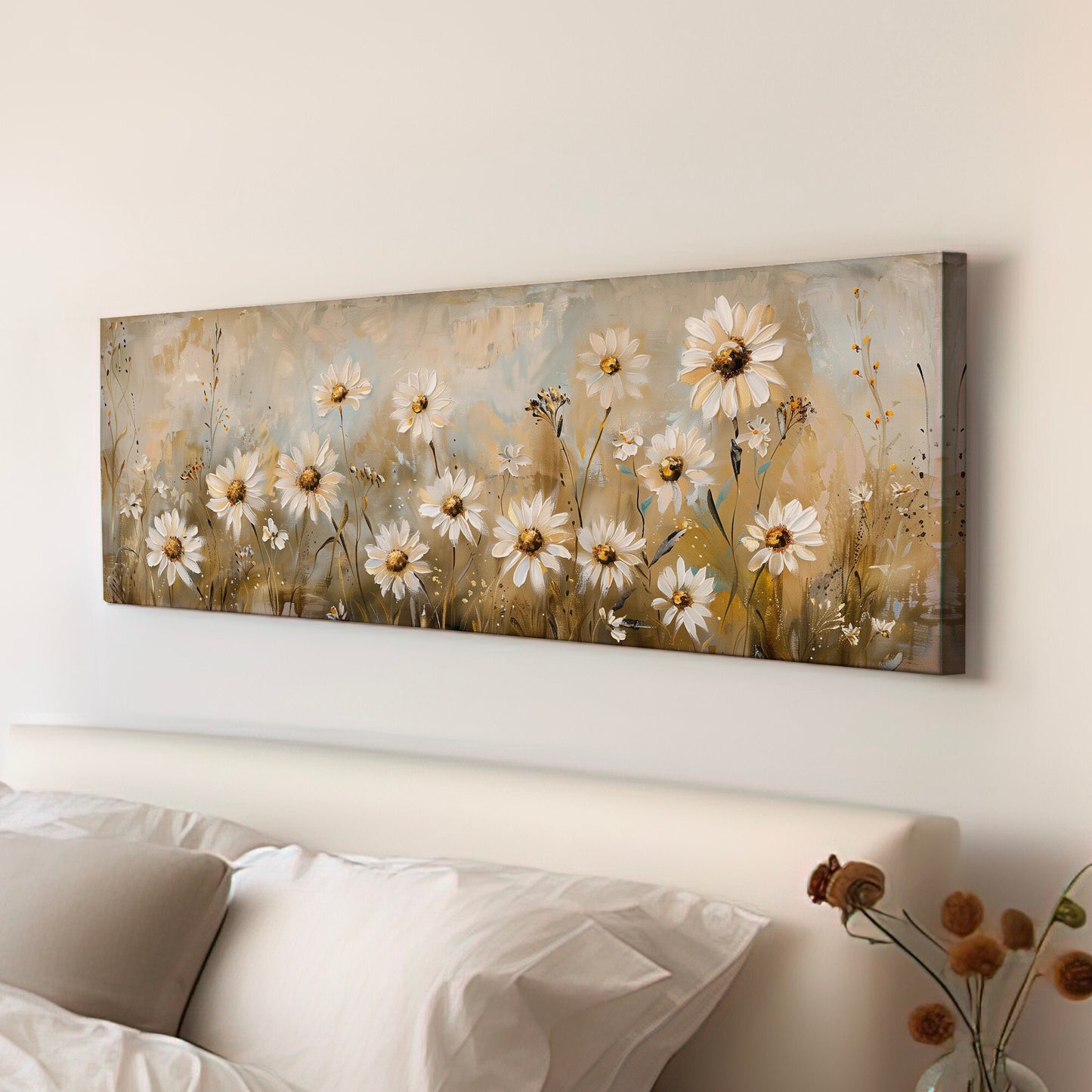 Wildflower Landscape Long Horizontal Wall Art For Guestroom Room, Panoramic Modern Canvas Print, Minimalist Decor Canvas Art