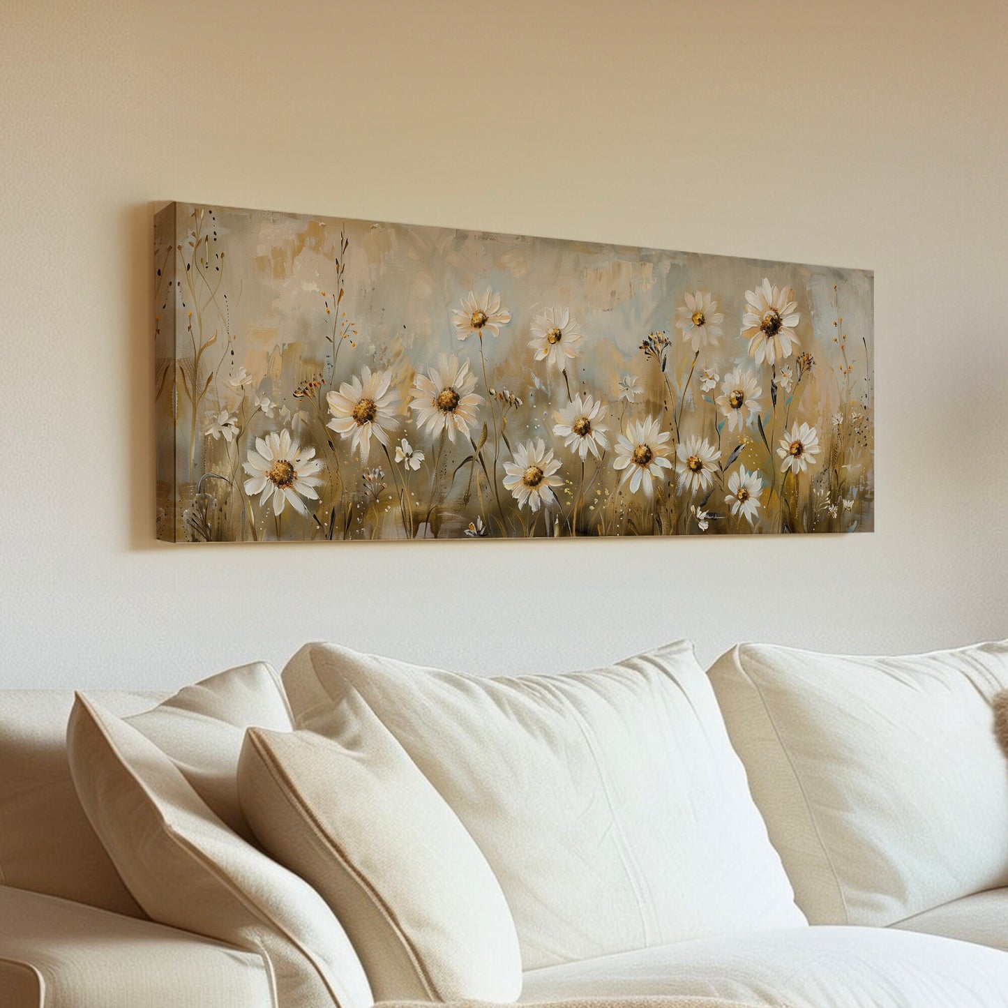 Wildflower Landscape Long Horizontal Wall Art For Guestroom Room, Panoramic Modern Canvas Print, Minimalist Decor Canvas Art