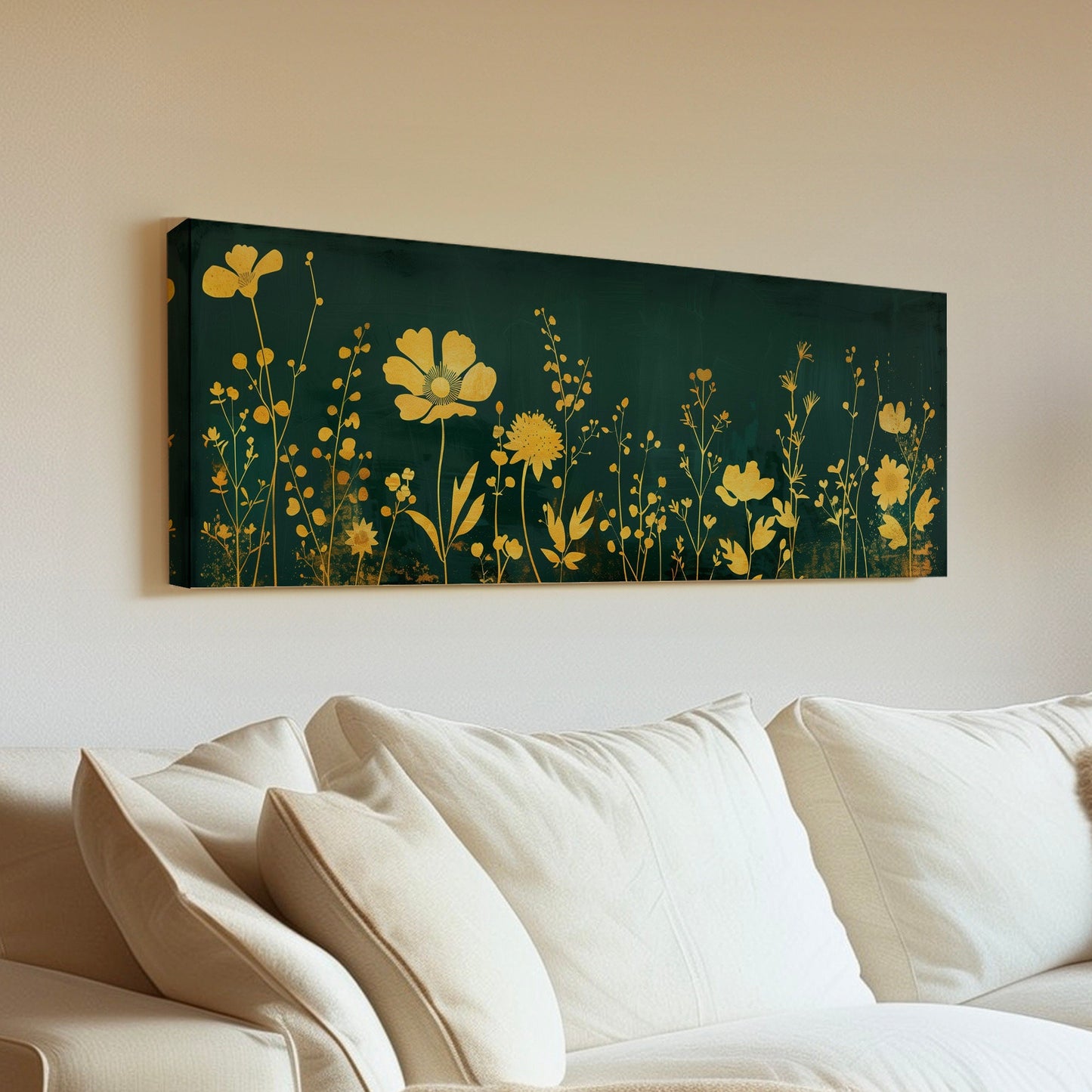 Wildflower Field Long Horizontal Wall Art For Living Room, Panoramic Green and Gold Canvas Print, Farmhouse Decor Canvas Art