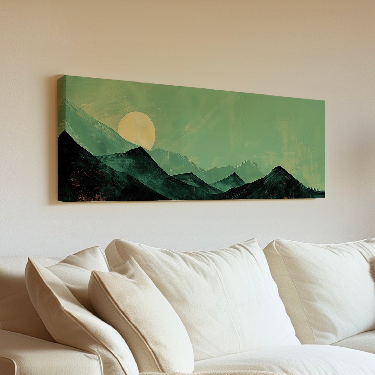 Sunrise in the Mountains Long Horizontal Wall Art For Bedroom, Panoramic Moss Green Canvas Print, Minimal Asparagus Decor Canvas Art