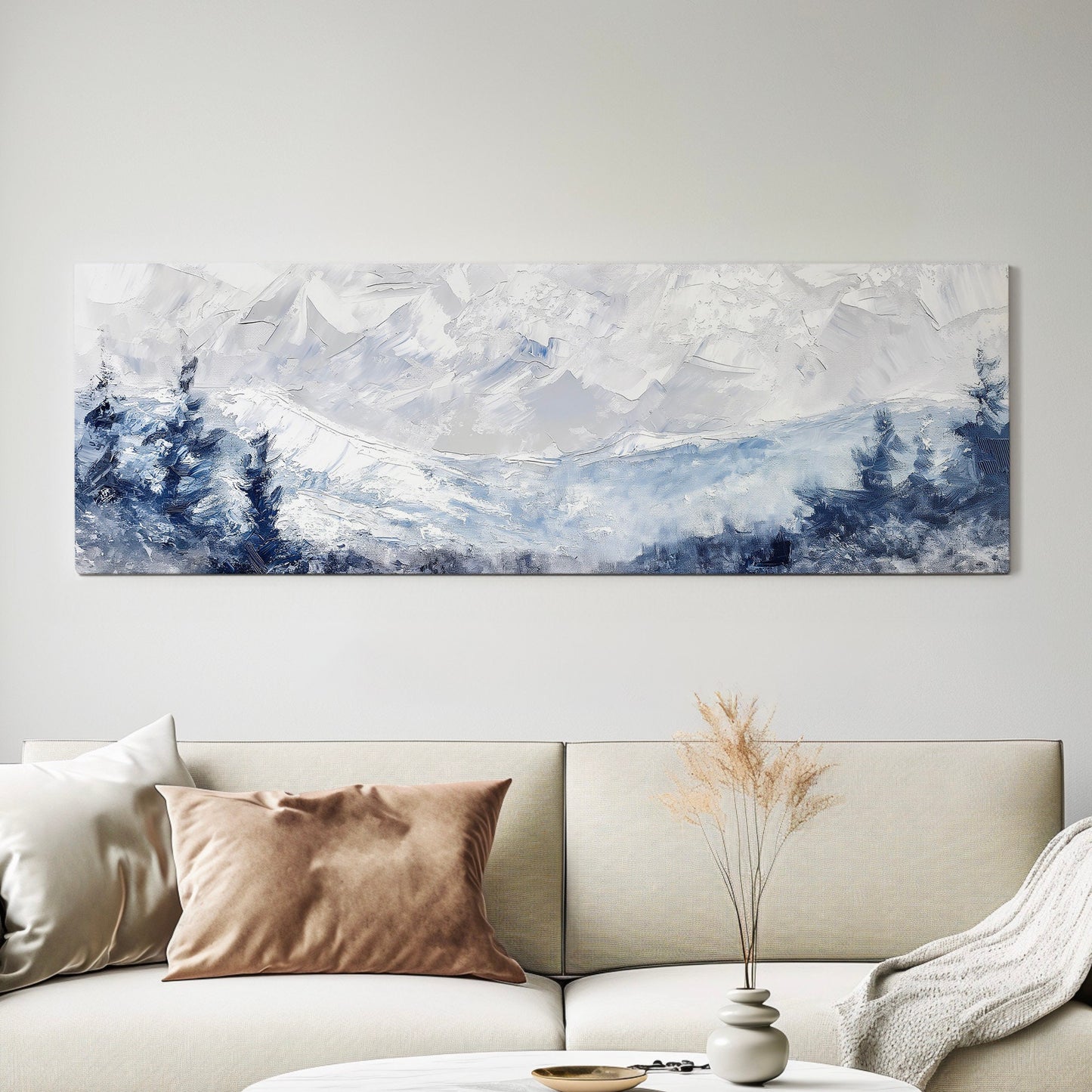 Snowy Pine Forest Long Horizontal Wall Art Above Bed, Panoramic Mountains Canvas Print, Light Blue Decor Canvas Art