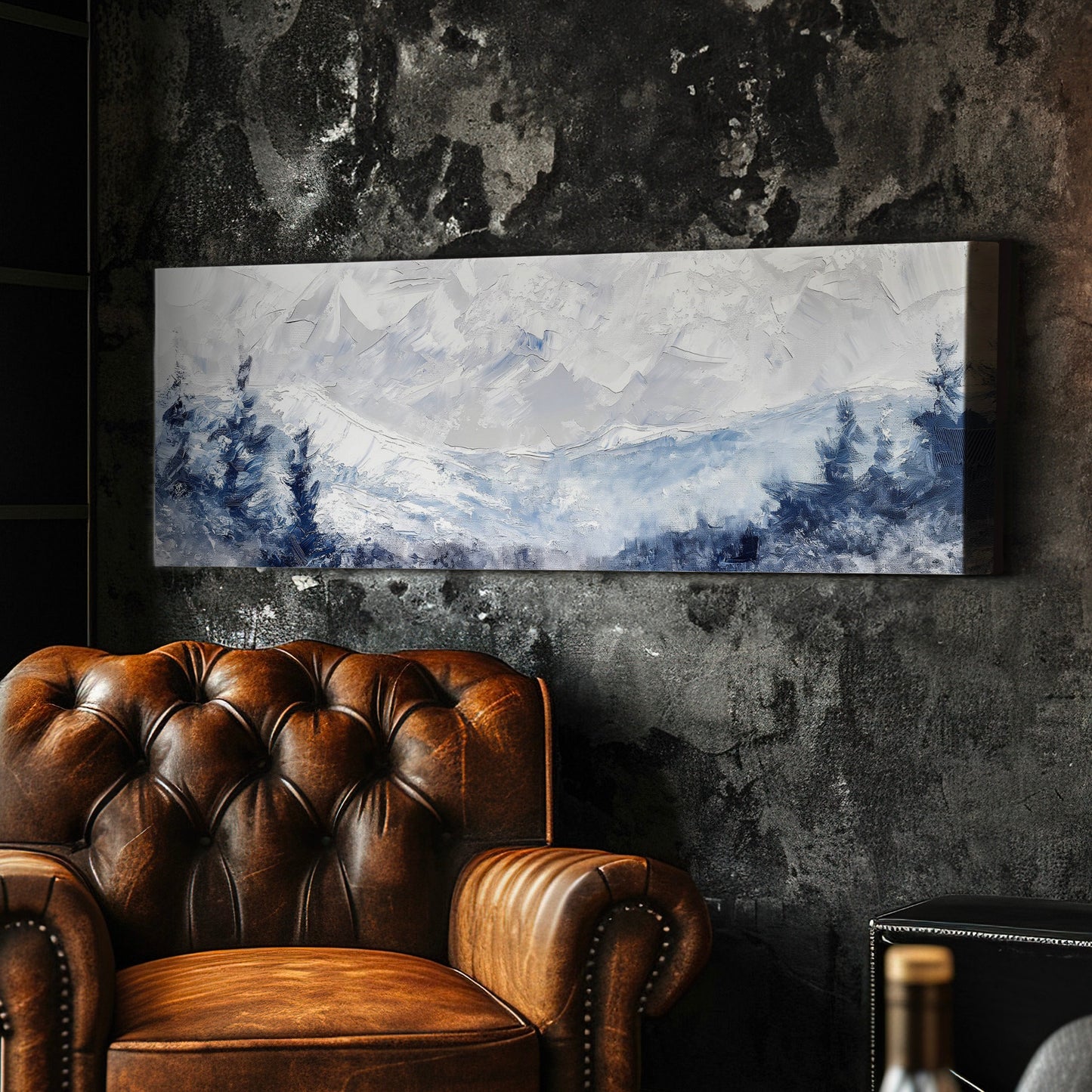 Snowy Pine Forest Long Horizontal Wall Art Above Bed, Panoramic Mountains Canvas Print, Light Blue Decor Canvas Art