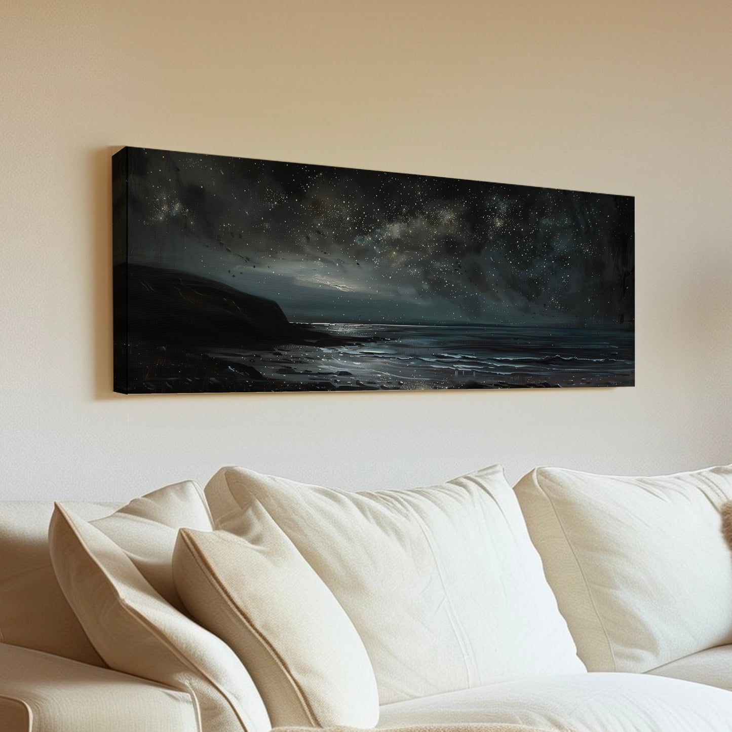 Sea Shore at Night Long Horizontal Wall Art For Bedroom, Panoramic Beautiful Mountain Canvas Print, Moody Night Decor Canvas Art