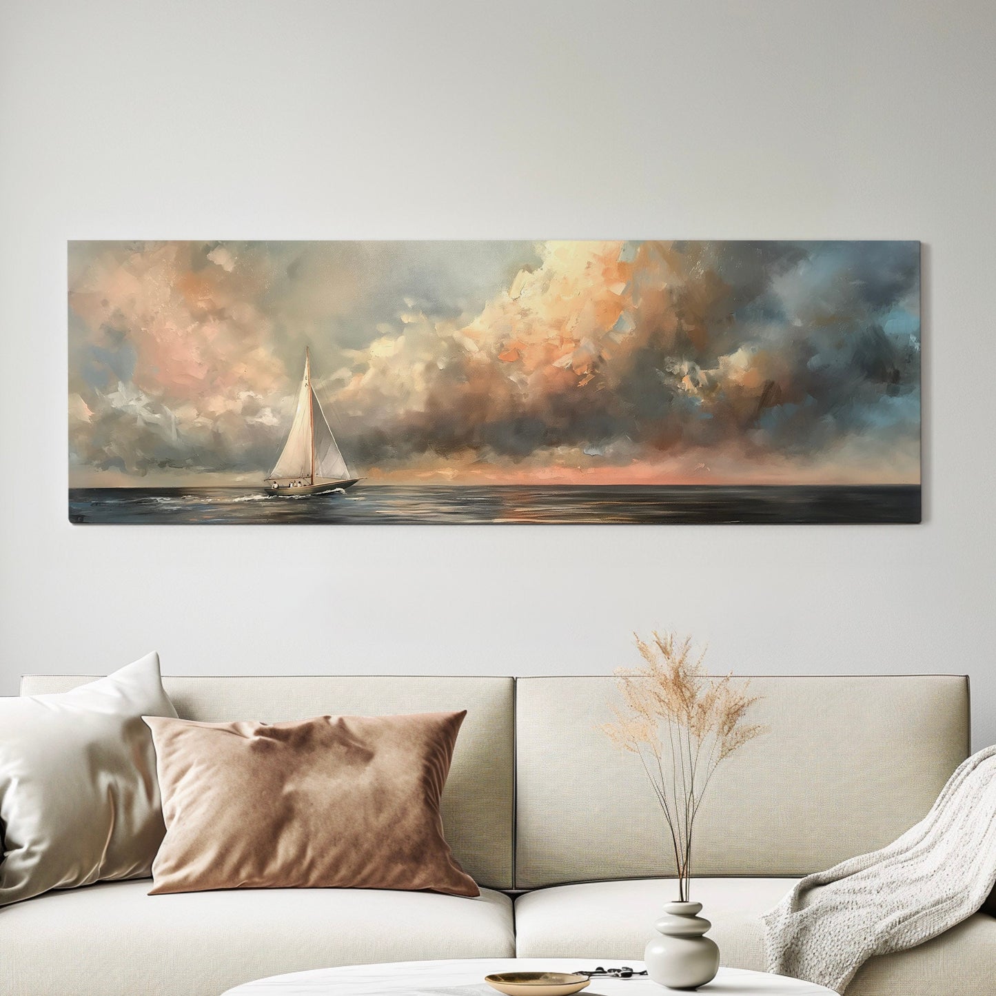 Sailing Seascape Long Horizontal Wall Art For Living Room, Panoramic Sailboat Canvas Print, Lake House Decor Canvas Art